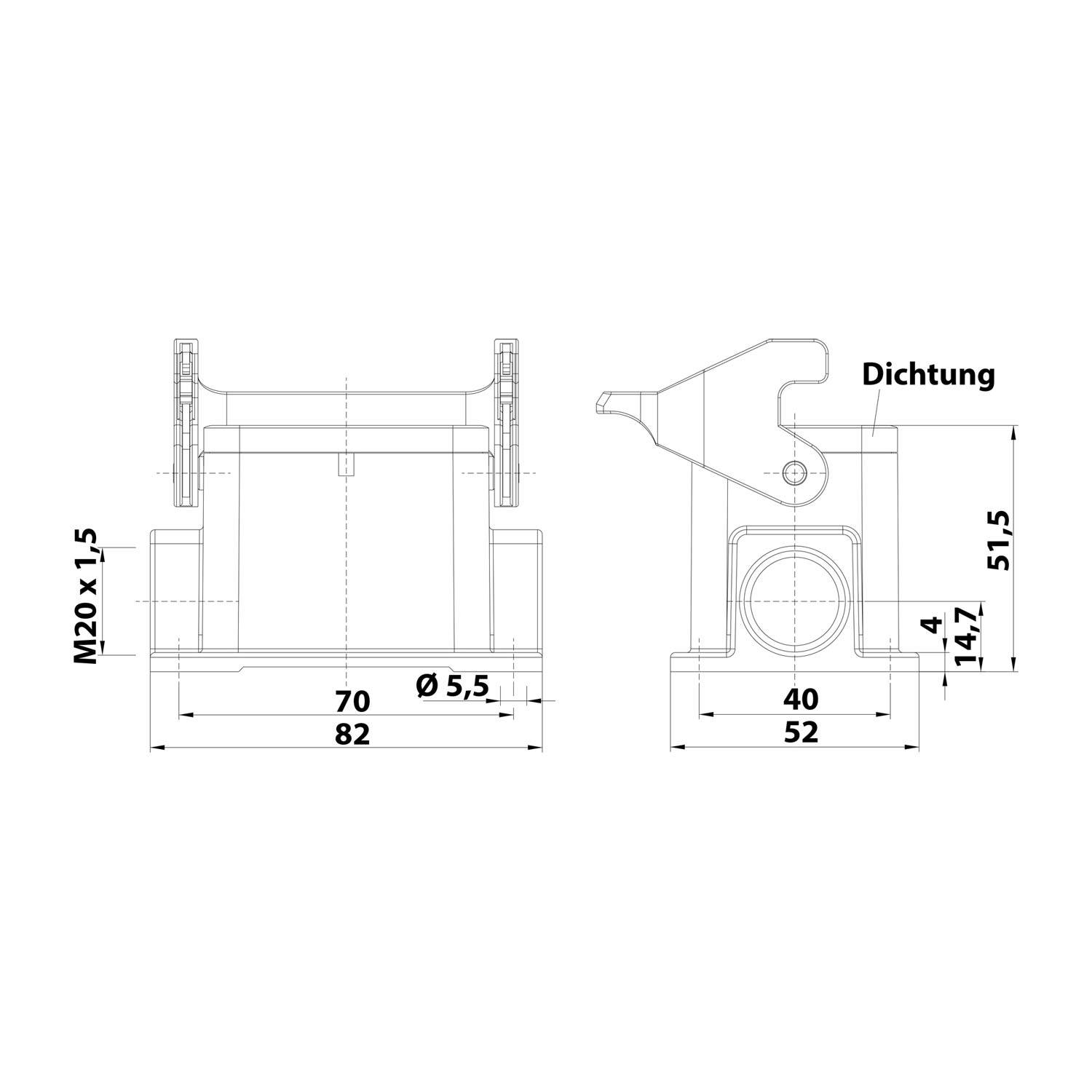 Technische Zeichnung eines mechanischen Bauteils mit Maßangaben: M20 x 1,5 Gewinde, Breite 82 mm, Höhe 51,5 mm, mit markierter 'Dichtung'-Komponente.
