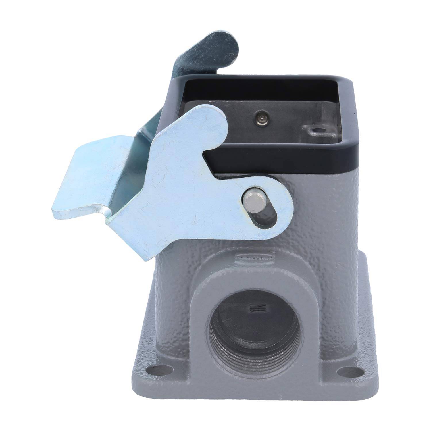 Eine rechteckige industrielle Metallkomponente mit einem Klappdeckel, in grau und silber gehalten, mit einer kreisförmigen Aufnahme an der Basis.