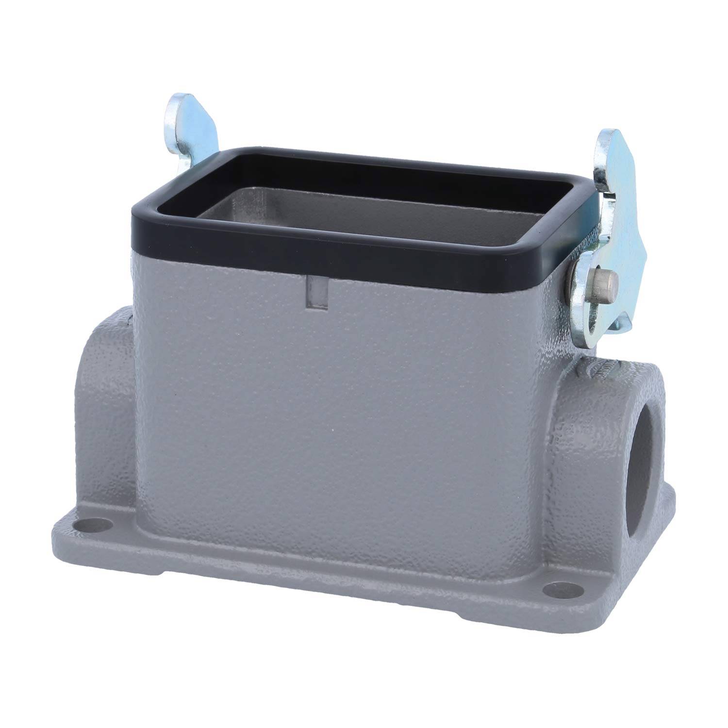 Ein rechteckiges graues industrielles Steckergehäuse mit zwei Metallklemmen zur Befestigung von Kabeln. Geeignet für Anwendungen mit hoher Beanspruchung.