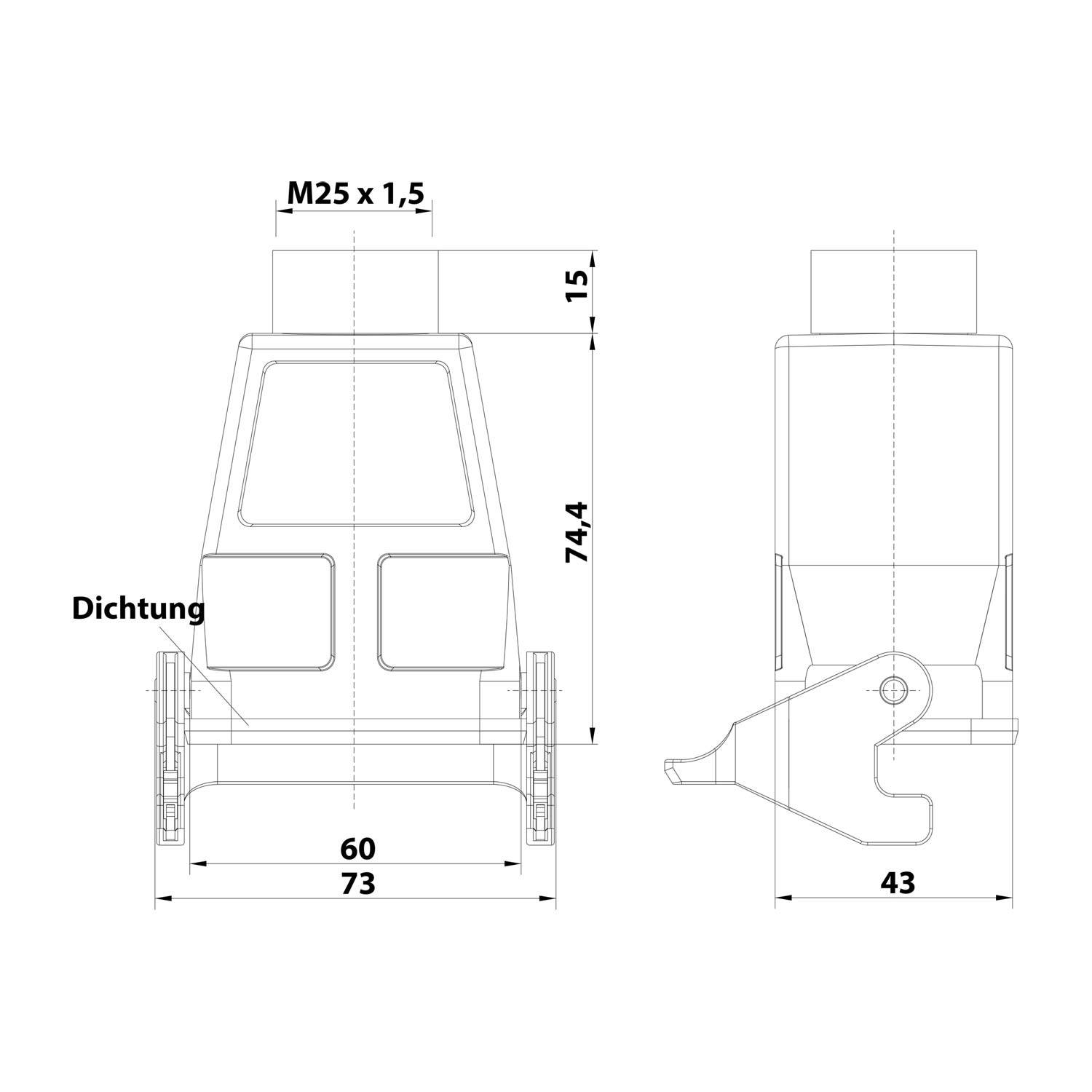 Technische Zeichnung einer Komponente mit Maßen: M25 x 1,5, Höhe 74,4, Breite 73 und Tiefe 43. Sie enthält Details einer Dichtung.
