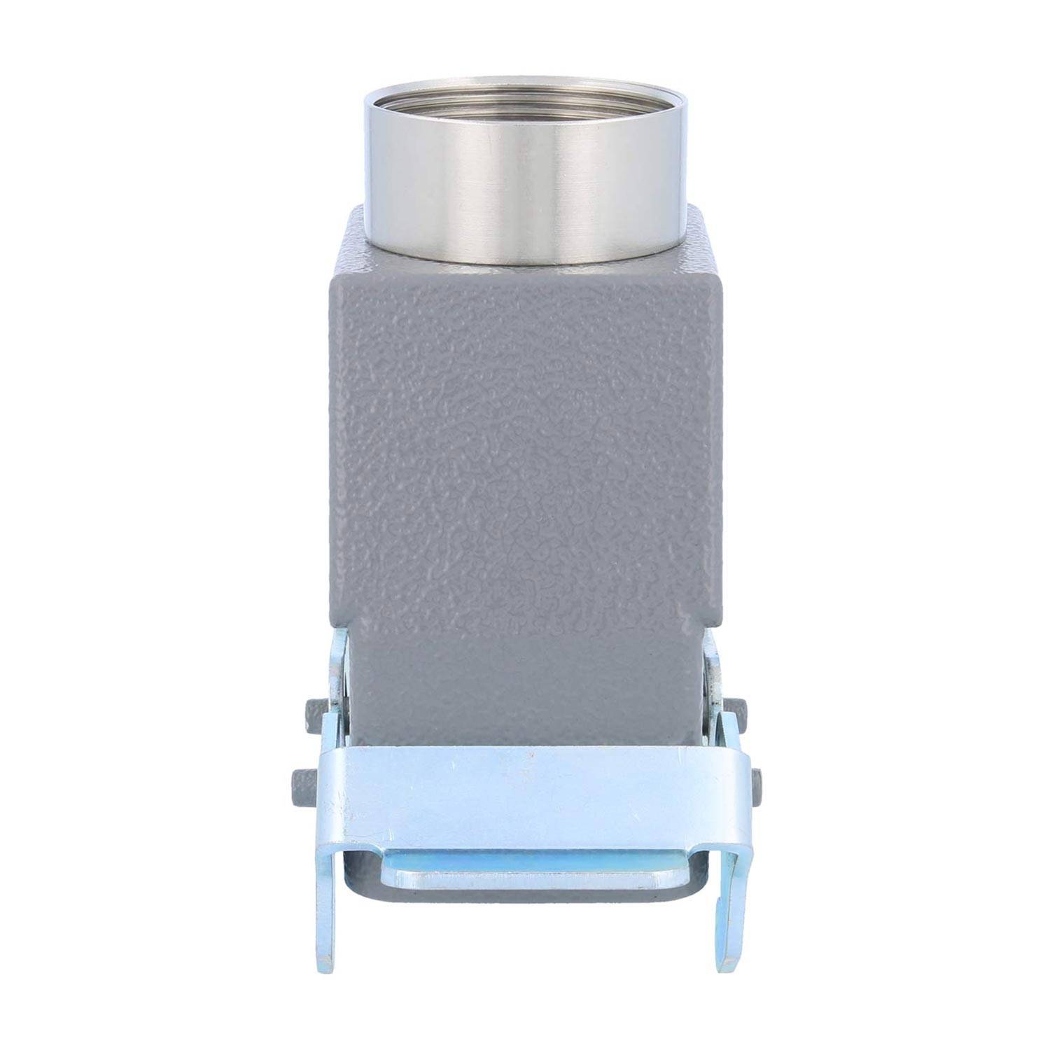 Graues industrielles Anschlussgehäuse mit Metallkappe und Verriegelung, konzipiert für elektrische und Datenverbindungen in Maschinen oder Ausrüstung.