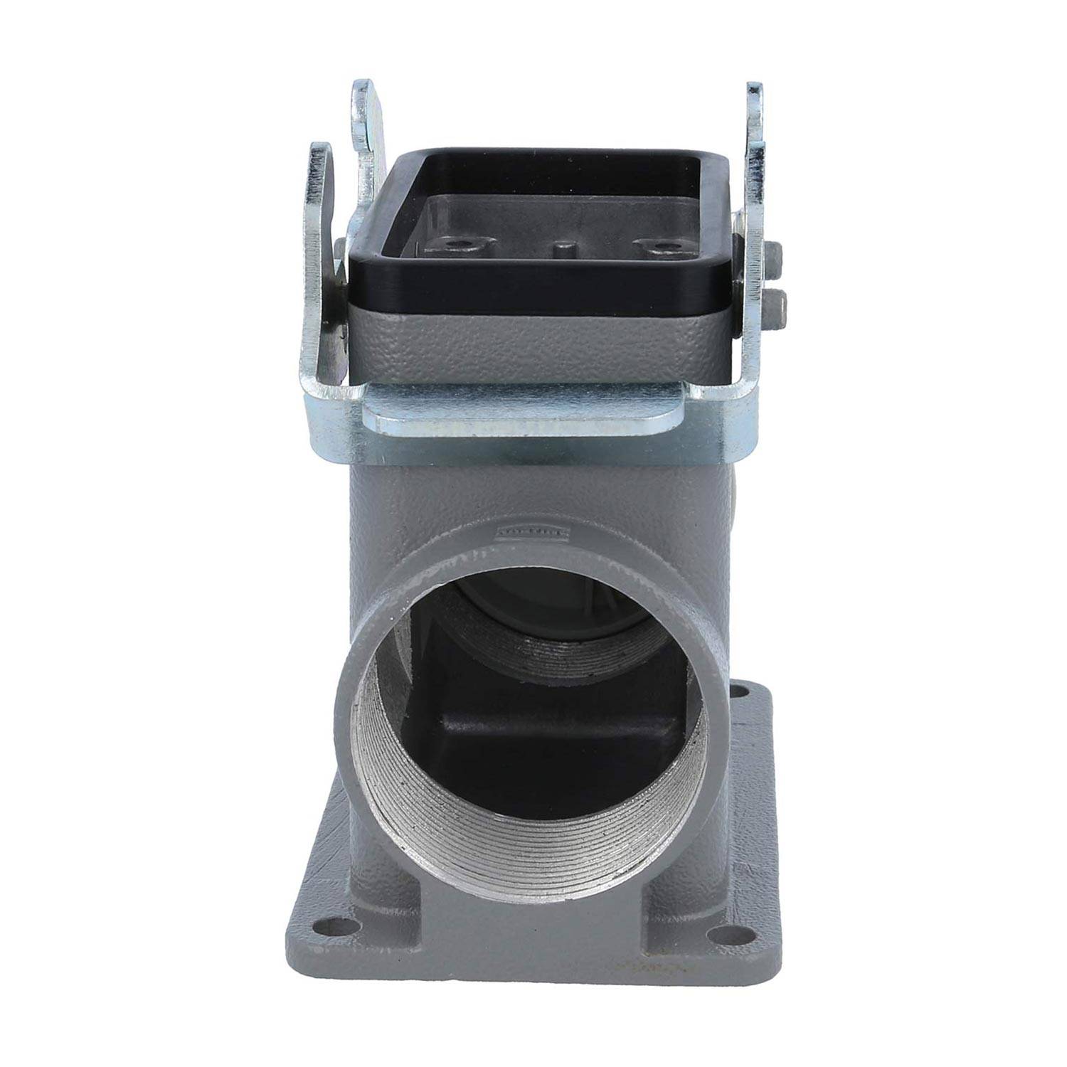 Industrieller Anschlussgehäuse mit rechteckigem Oberteil und kreisförmiger Basis, ausgestattet mit einer schwarzen Gummidichtung und Metallklammern an den Seiten.