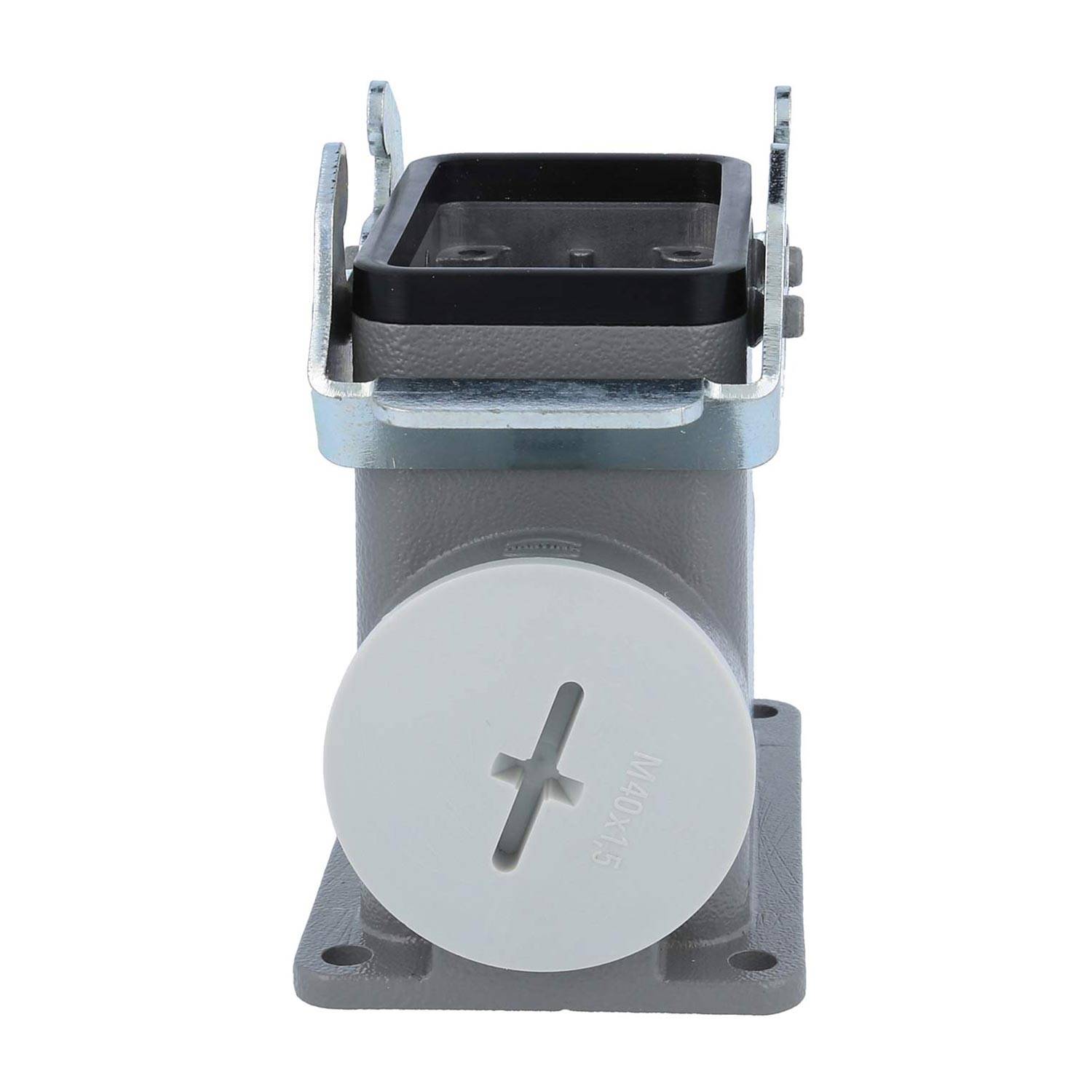 Eine wandmontierte Industriesteckdose mit Schutzdeckel, die für robuste elektrische Anschlüsse in Fabriken oder auf Baustellen verwendet wird.