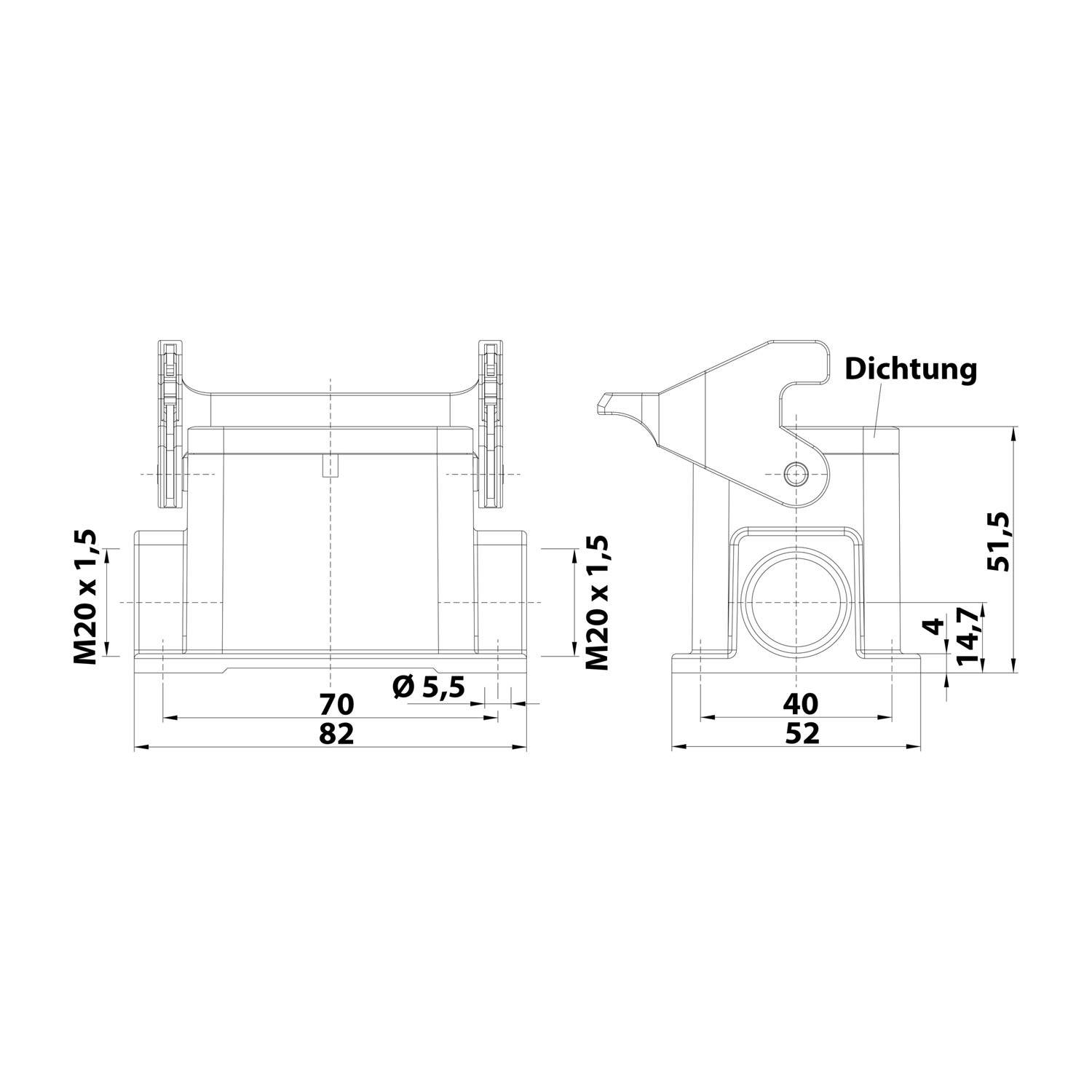 Technische Zeichnung eines mechanischen Teils mit Abmessungen: 82 x 70 mm und 51,5 x 40 mm, mit der Bezeichnung 'Dichtung', die Seiten- und Frontansichten zeigt.