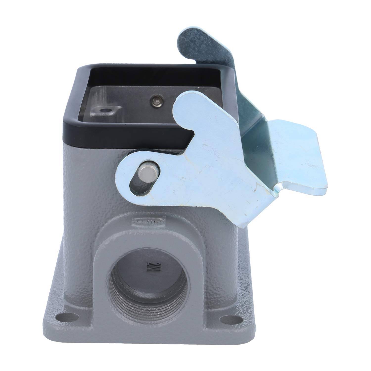 Metallische elektrische Verteilerdose mit abnehmbarem Deckel, in geschlossener Position dargestellt, wobei eine Seite geöffnet ist, um den internen Kabeleingang zu zeigen.