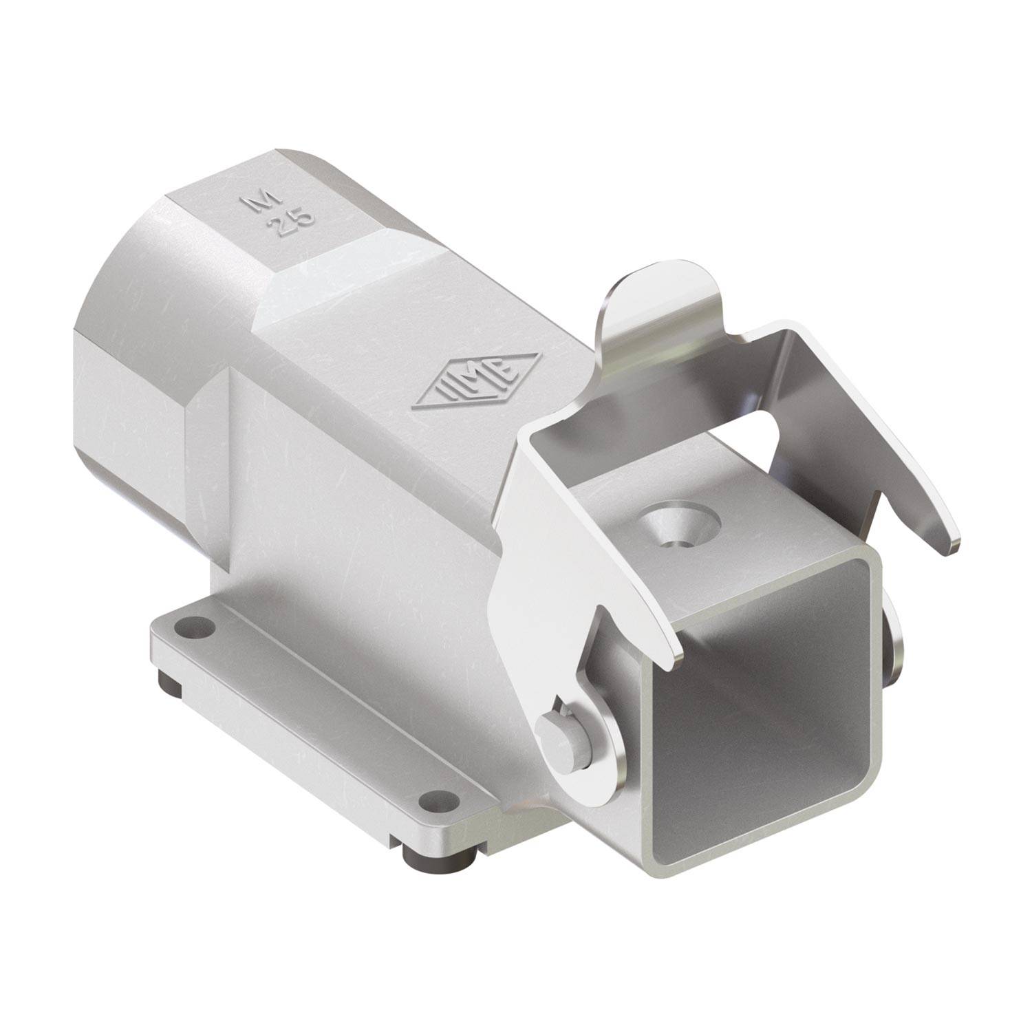 Eine 3D-Darstellung einer metallenen rechteckigen Halterung mit Montagelöchern und einem dreieckigen Logo an der Seite, konzipiert für robuste Befestigung.