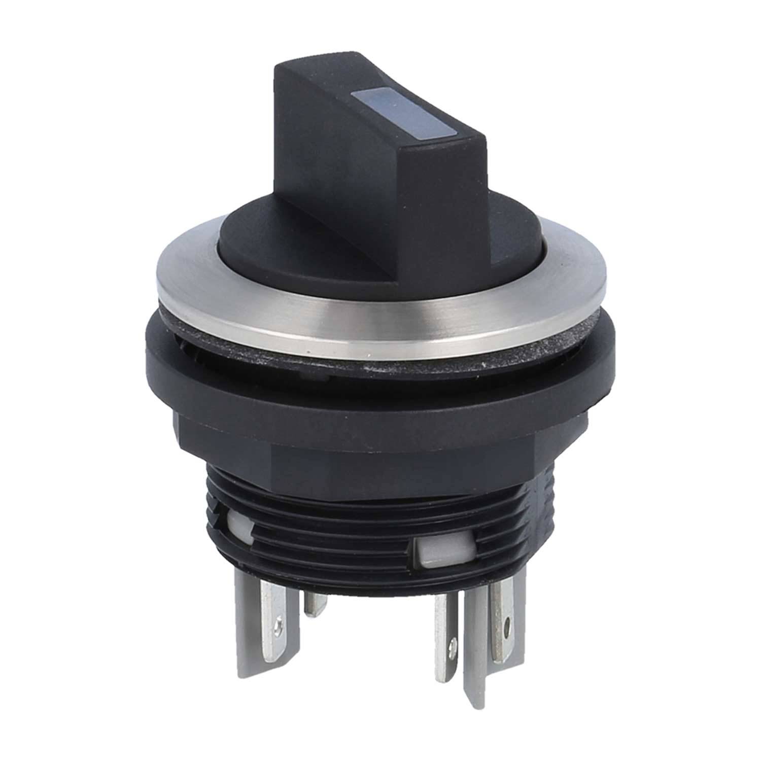 Schwarzer Drehschalter mit silbernem Rand, der sechs Anschlussklemmen darunter aufweist und aufrecht vor einem weißen Hintergrund steht.