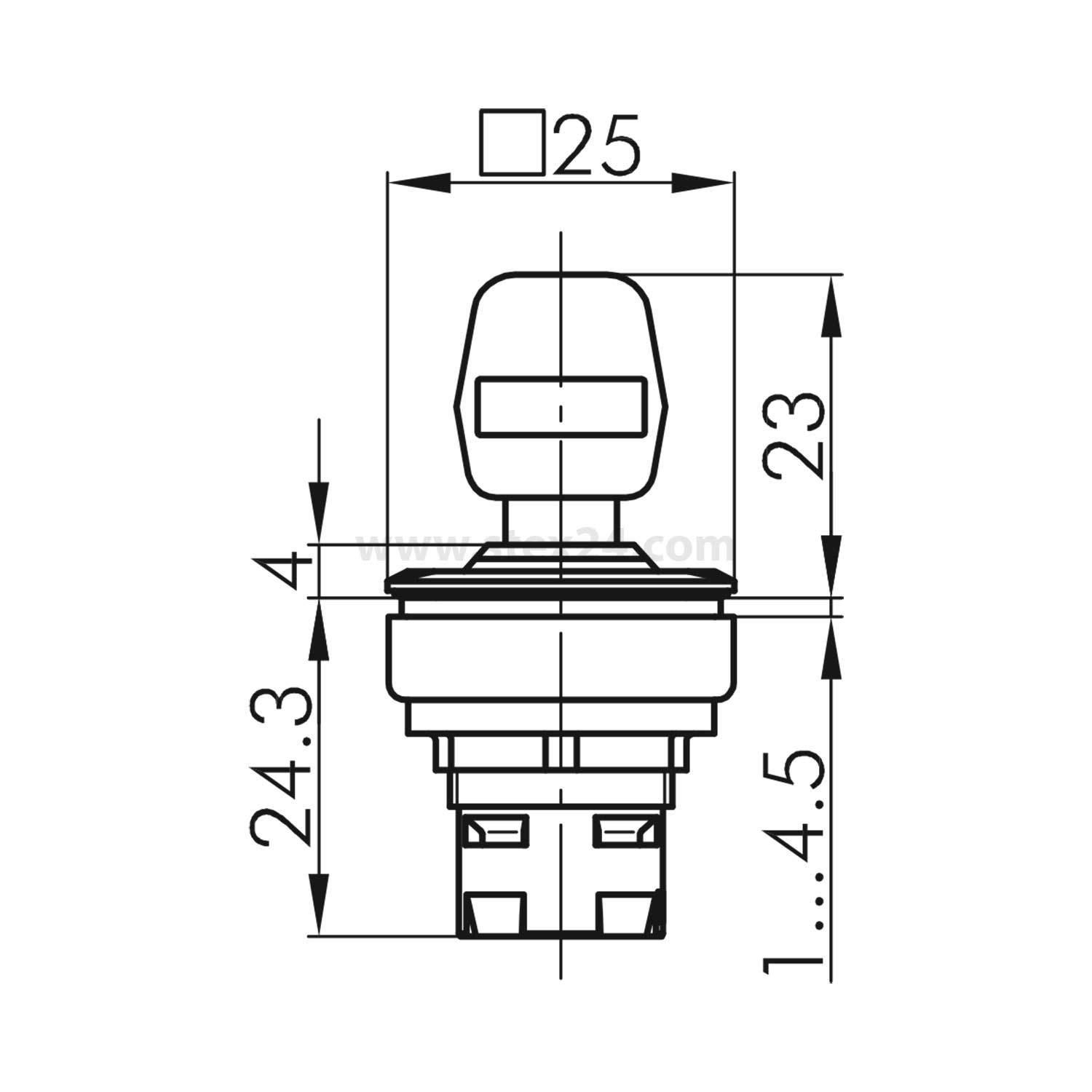 Schaltplan eines Druckschalters mit Maßen: obere Breite 25 mm, Höhe 23 mm, Tiefe 24,3 mm, und Beschriftung des unteren Abschnitts '1...4,5'.