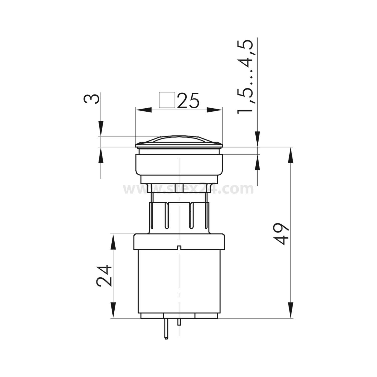 Technische Zeichnung eines zylindrischen Drucktastenschalters mit Abmessungen: Durchmesser 25 mm, Höhe 49 mm und festgelegten Messpunkten.