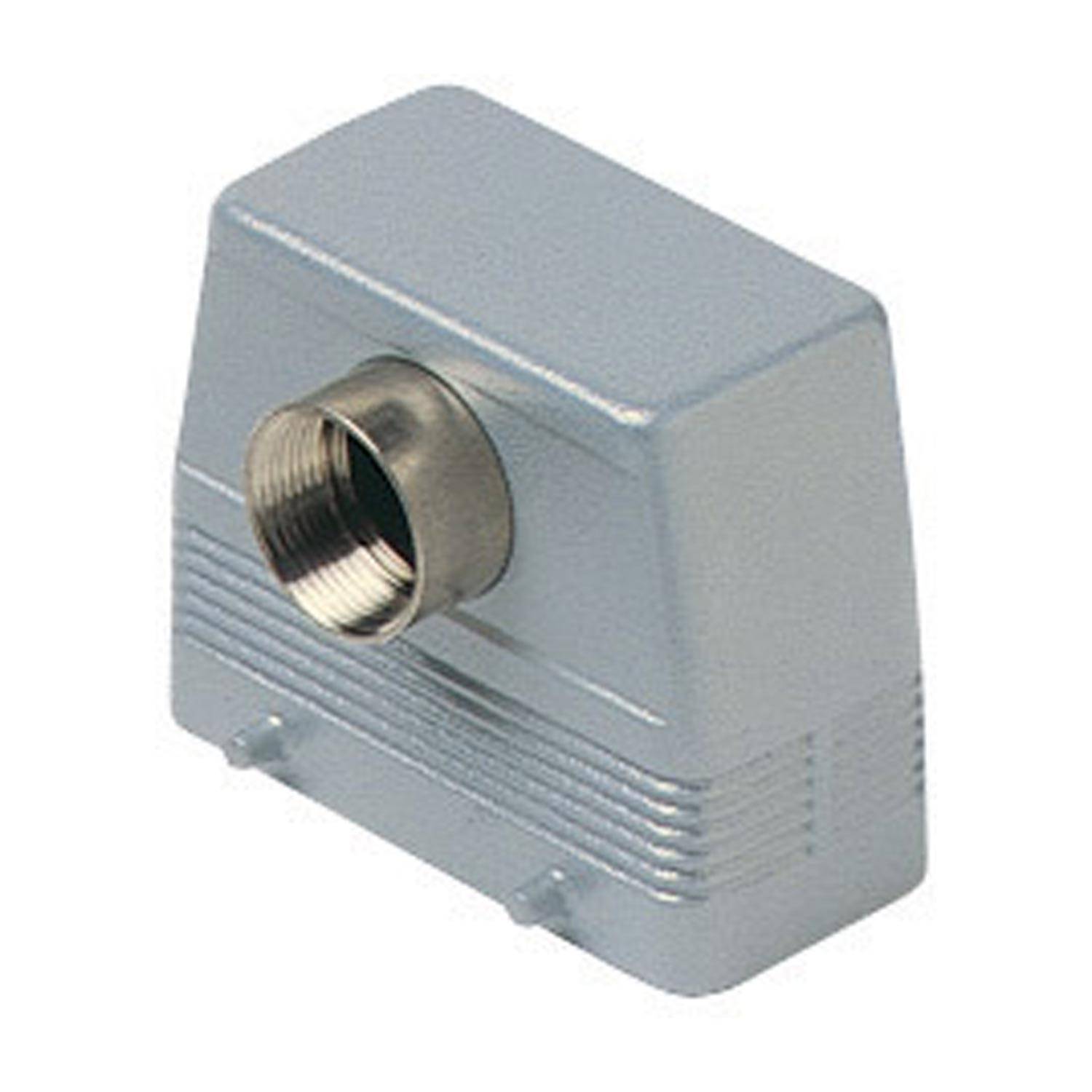 Ein rechteckiges Metallverbindungsgehäuse mit Gewindeöffnung, geeignet für industrielle Verkabelungsanwendungen.