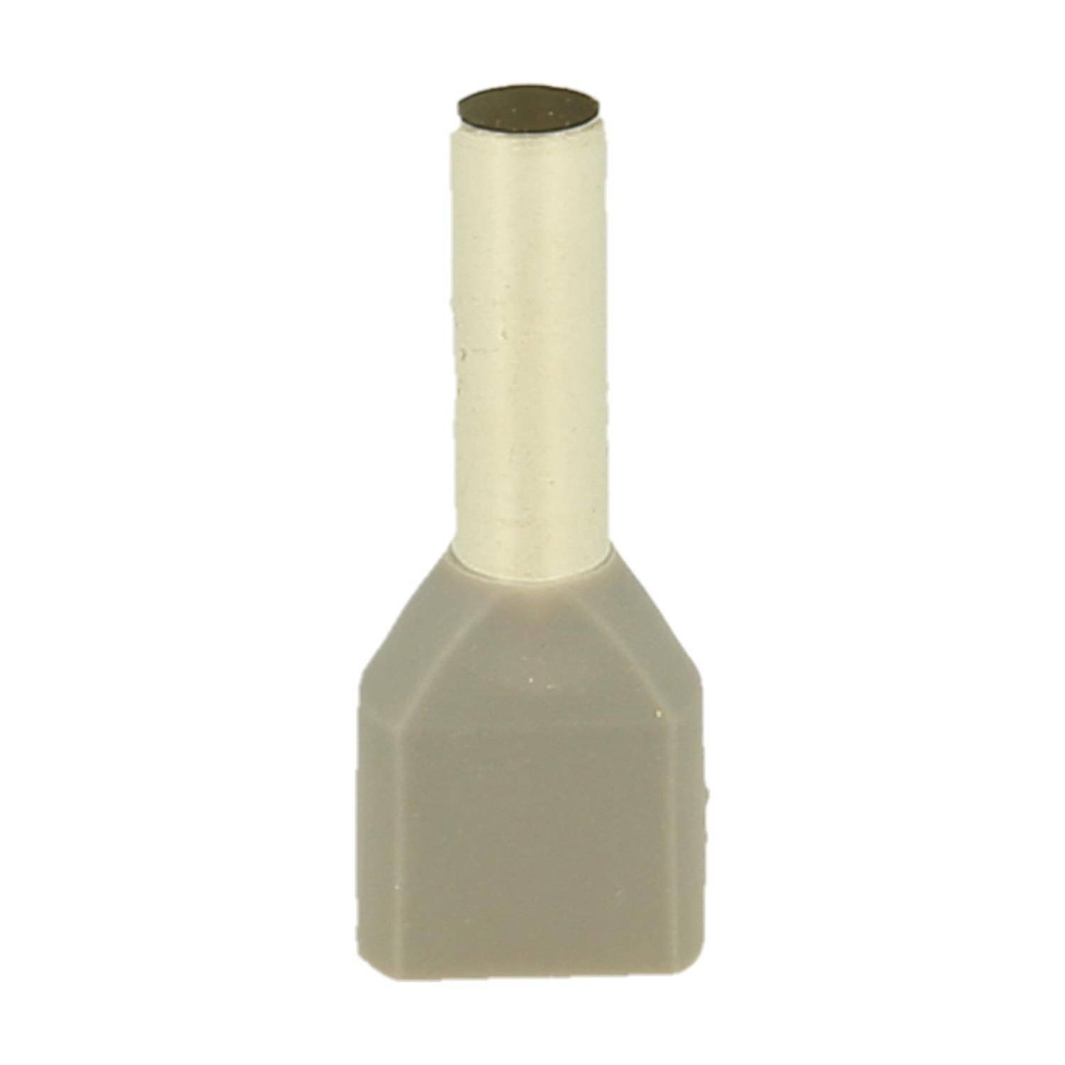 Eine graue isolierte Ferrule mit einem Metallrohr und einem Plastikkragen, die zur Kabelendverschlussung in elektrischen Verbindungen verwendet wird.