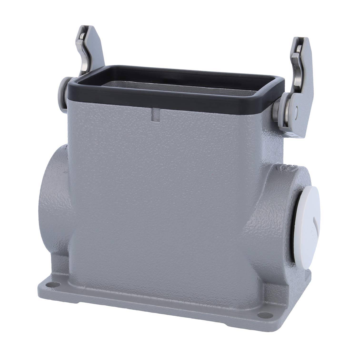 Ein graues rechteckiges industrielles Anschlussgehäuse mit seitlichen Verriegelungen und einer Öffnung oben.