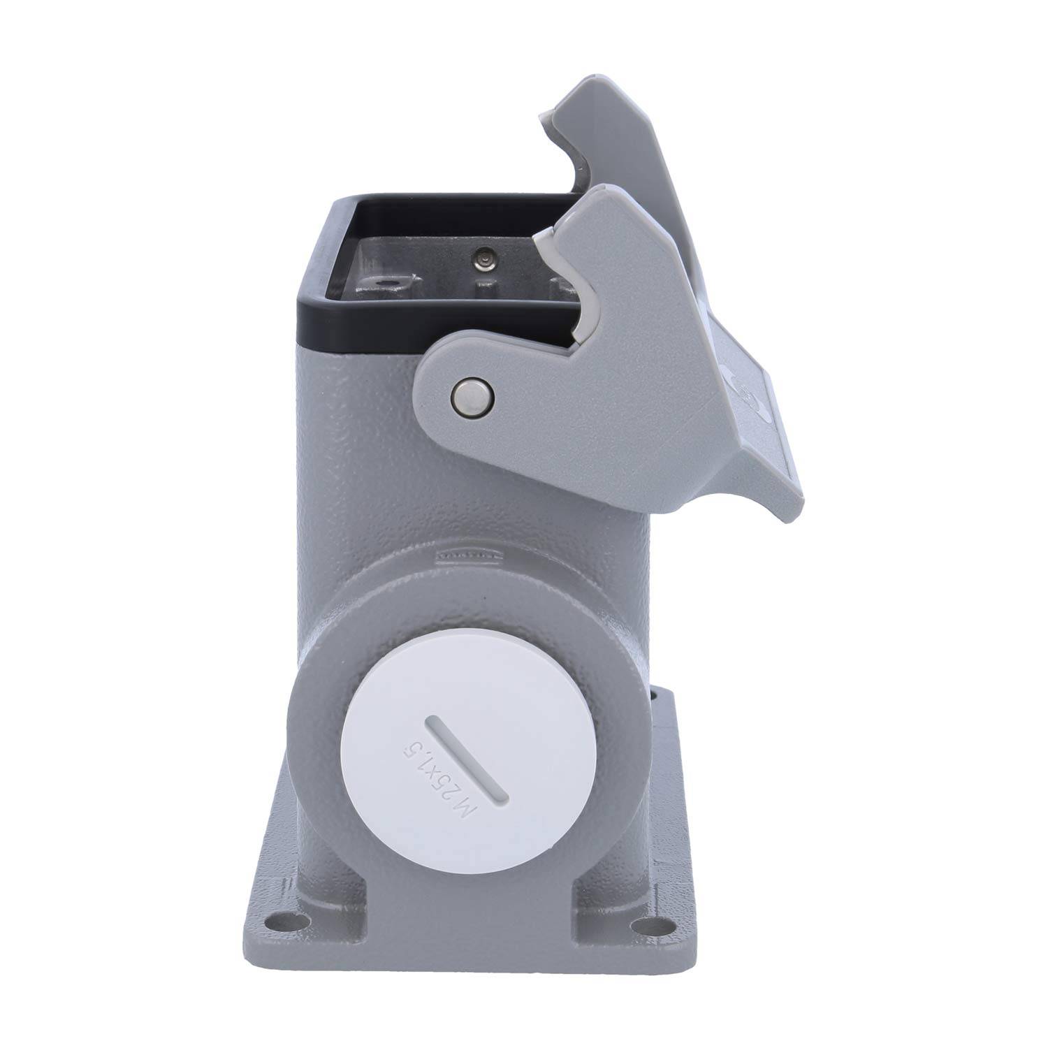 Graue industrielle Steckdose mit Schutzdeckel, montiert auf einer rechteckigen Grundplatte. Die Frontplatte enthält einen weißen runden Schalter.