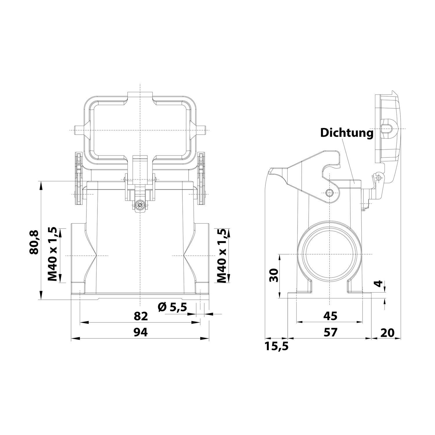 05300100275 HARTING Han 10B Sockelgehäuse hoch, 2xM40 seitlicher Kabelabgang, mit 1 Längsbügel mit Schutzkappe