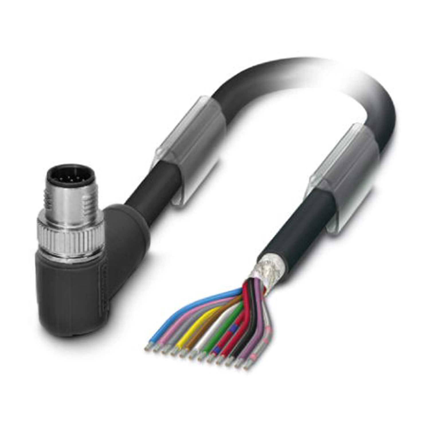 Nahaufnahme eines Mehrkern-Kabels mit einem Winkelstecker an einem Ende und freigelegten farbigen Leitern am anderen Ende.