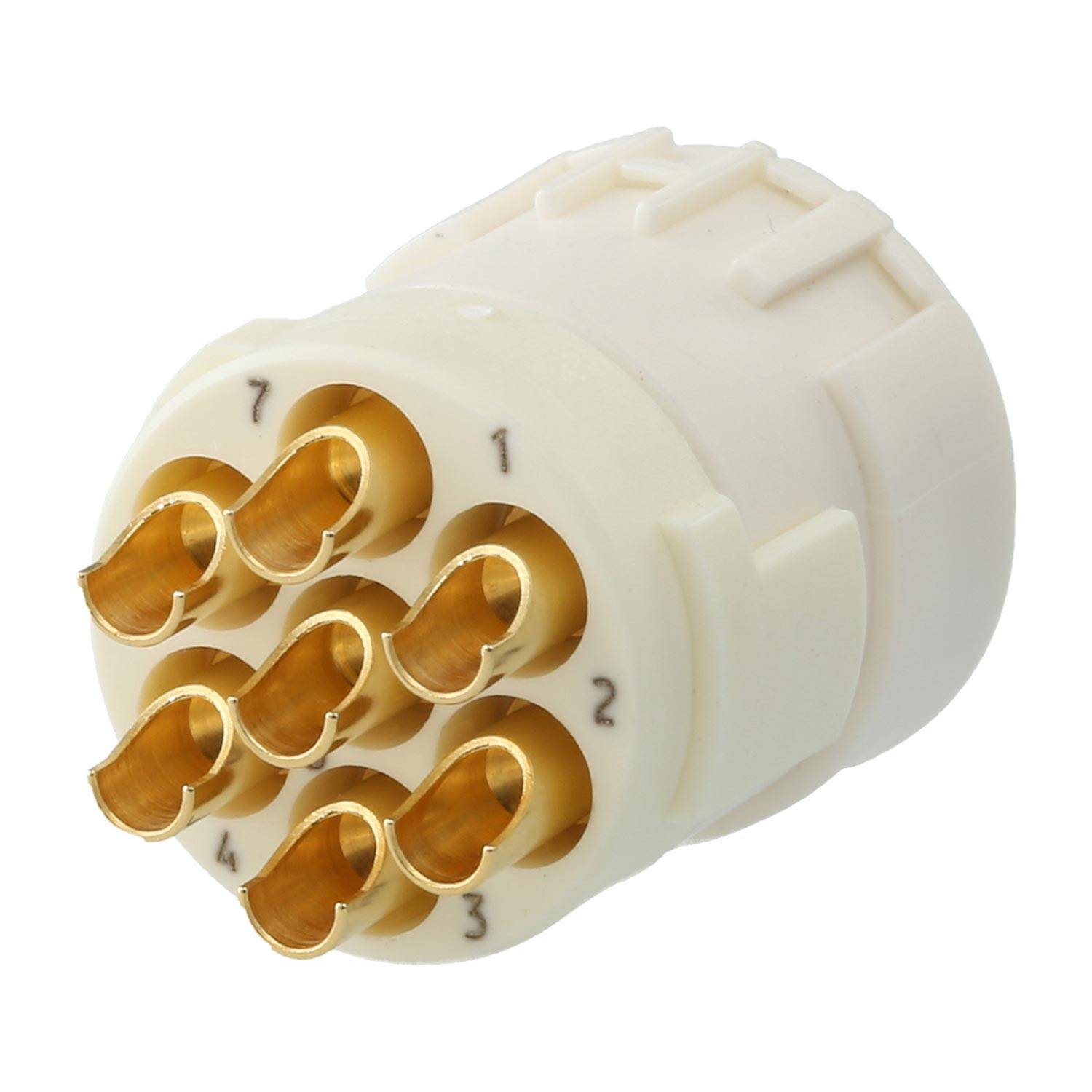 Ein weißes elektronisches Bauteil mit acht nummerierten, vergoldeten zylindrischen Buchsen in einer kreisförmigen Anordnung.