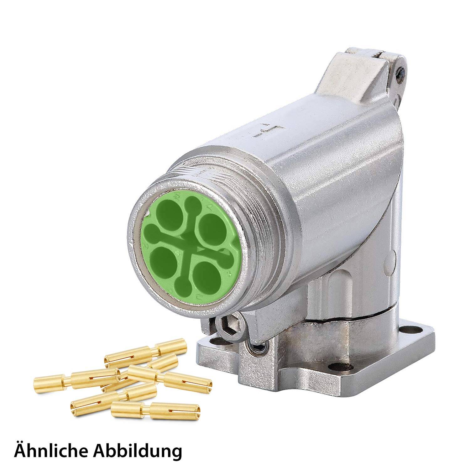 Industrieller Aluminium-Stecker mit grünem Steckereinsatz und mehreren Kontakten, verwendet für robuste elektrische Verbindungen. Text: 'Ähnliche Abbildung'.