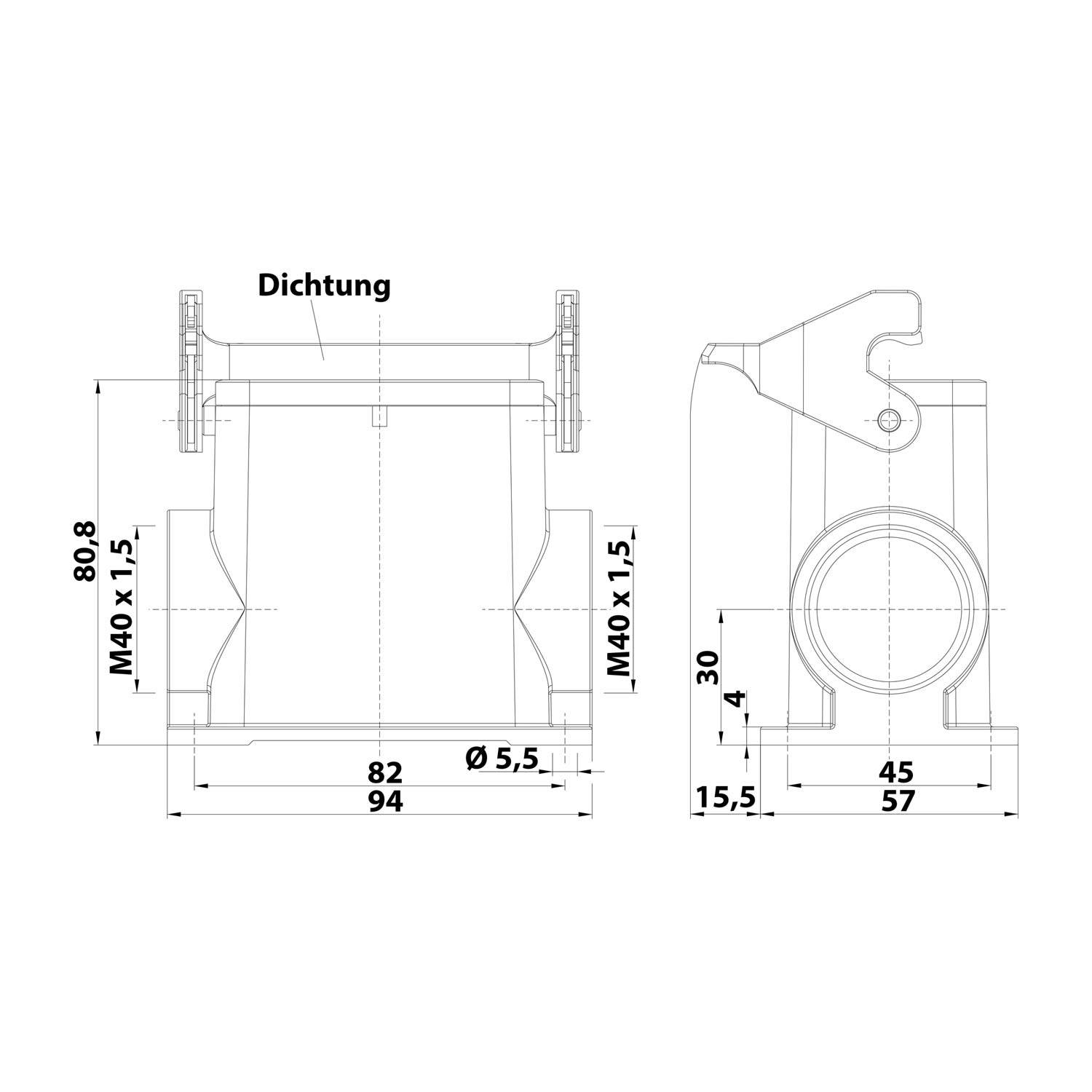 05300100273 HARTING Han 10B Sockelgehäuse hoch, 2xM40 seitlicher Kabelabgang, mit 1 Längsbügel Verschraubung M40