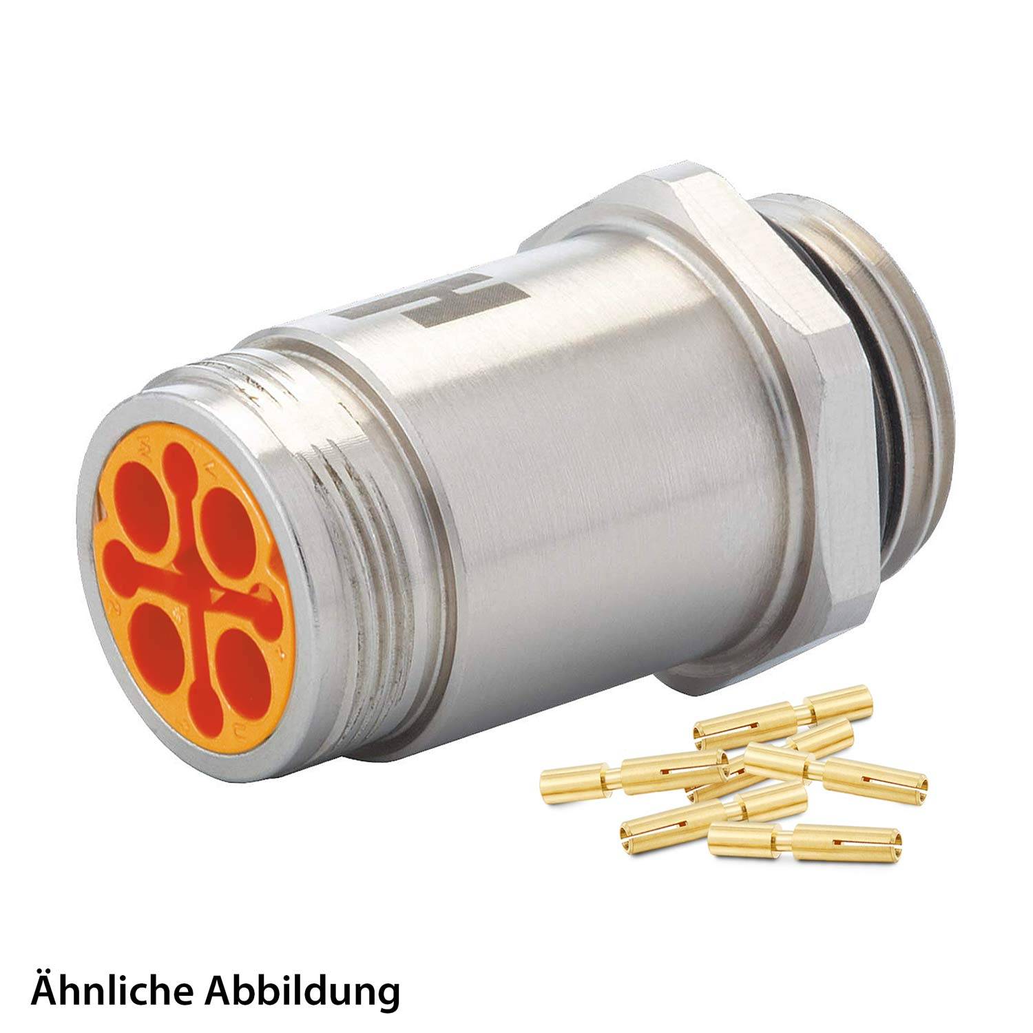 Ein zylindrischer Metallverbinder mit einer gelb-roten Front, begleitet von mehreren kleinen goldenen Pins.