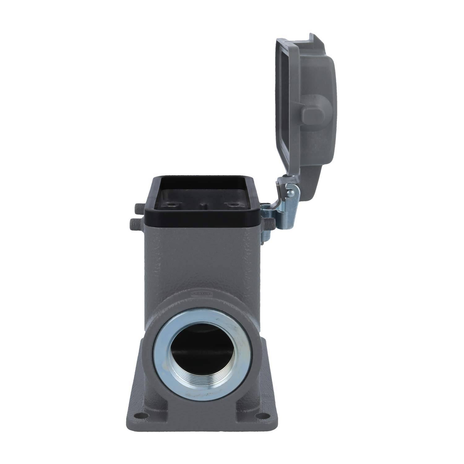 Graue industrielle Steckdosenbasis mit einer vorderen Montageplatte, einem nach oben offenen Deckel und einer runden Gewindeöffnung am Boden.