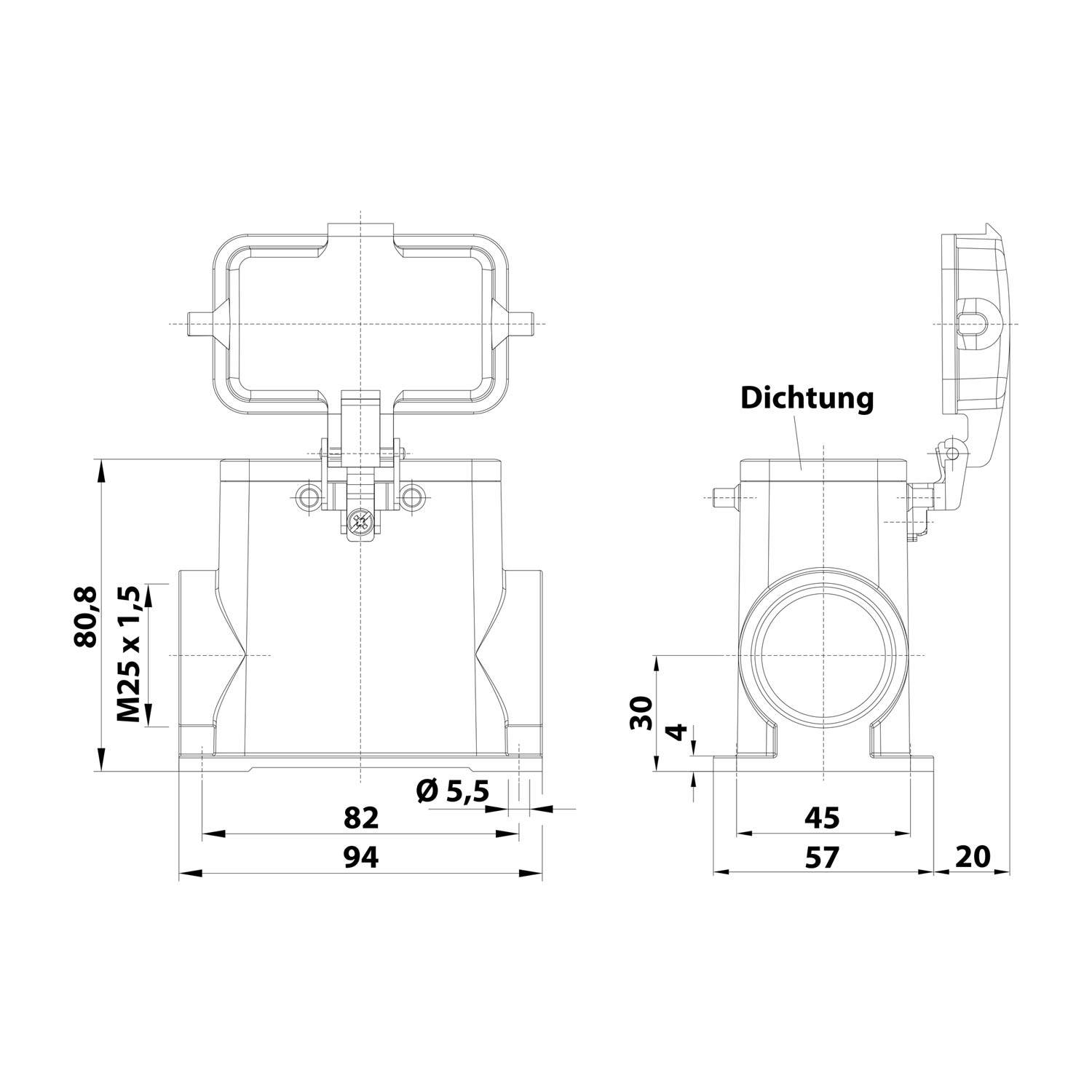 05300100261 HARTING Han 10B Sockelgehäuse hoch, 1xM25 seitlicher Kabelabgang, für 2 Bügel (am Oberteil) mit Schutzkappe