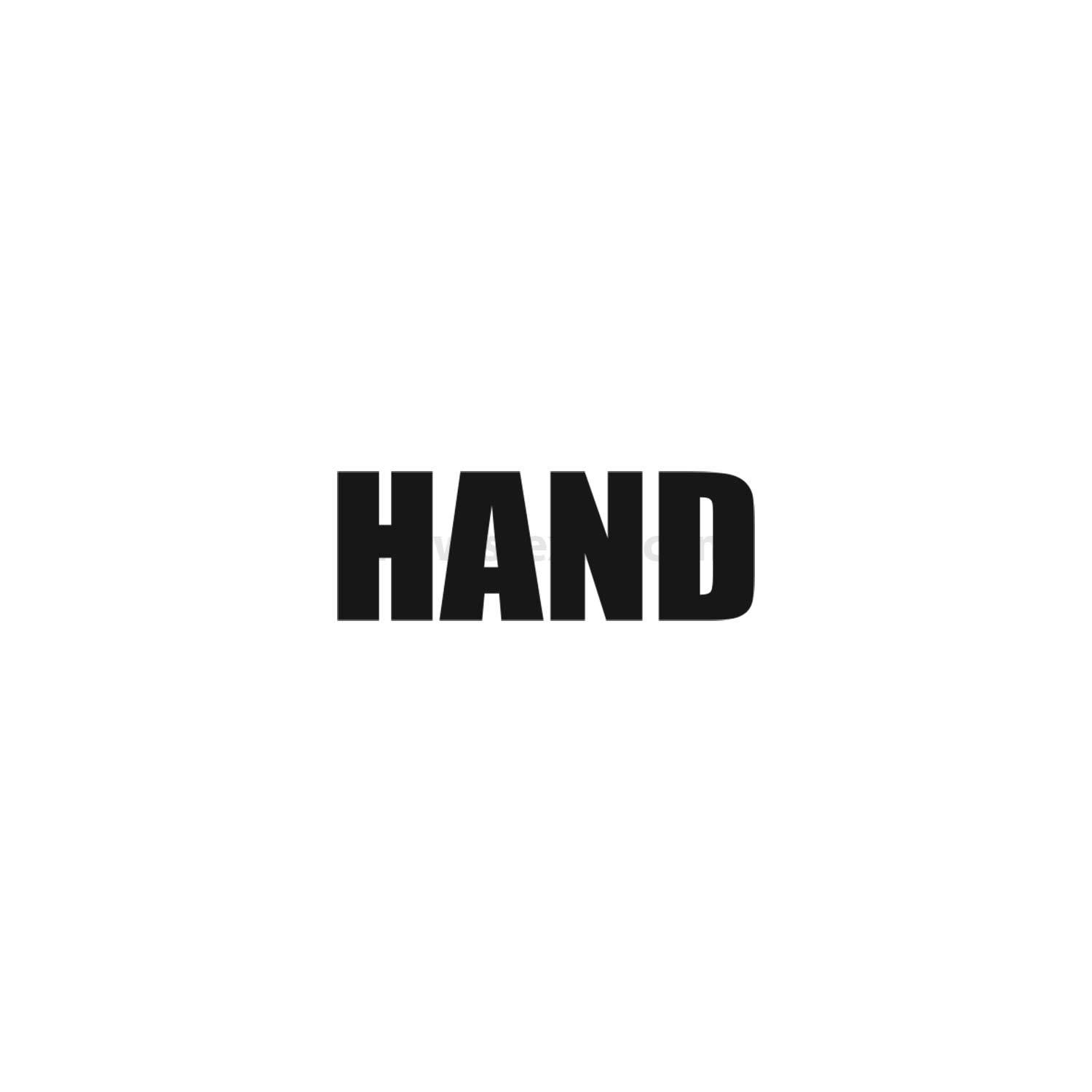 Das Bild zeigt das Wort 'HAND' in fetter, schwarzer Schrift auf einem einfarbigen weißen Hintergrund.