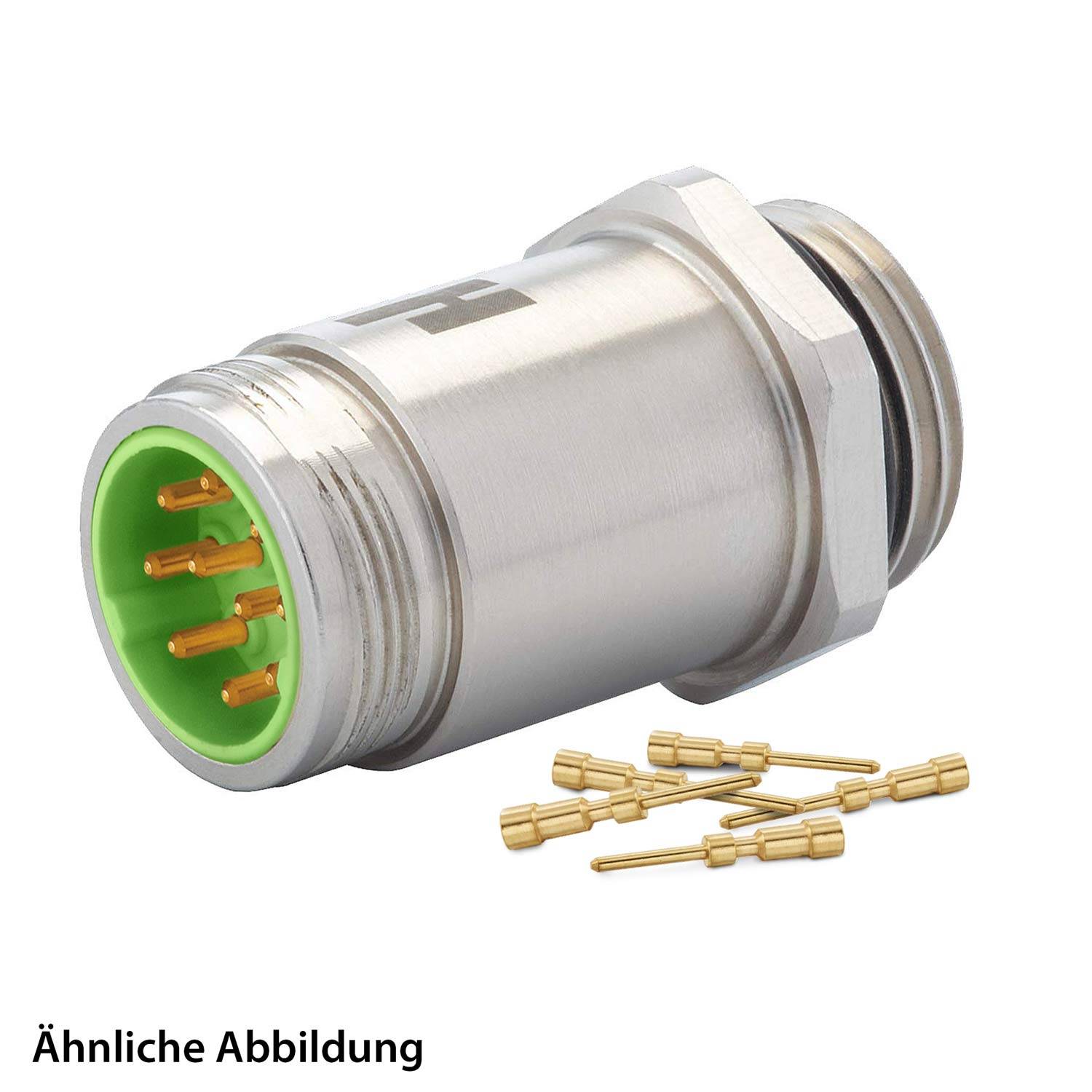 Ein zylindrischer Metallverbinder mit mehreren Goldstiften und grünem Innenraum. Lose Goldstifte werden daneben ausgestellt. Text lautet 'Ähnliche Abbildung'.