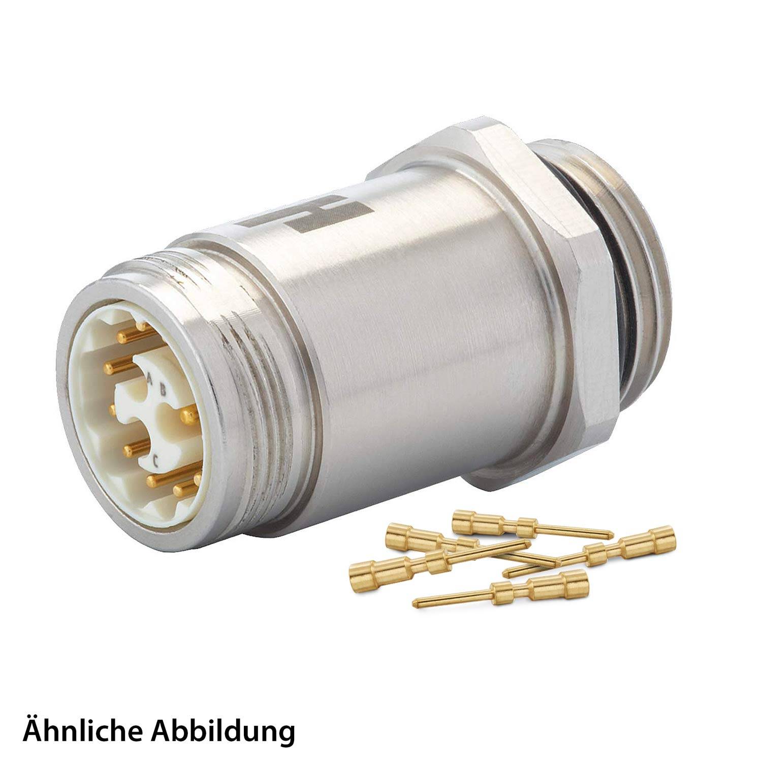 Ein industrieller Metallverbinder mit mehreren Pins und einem sechskantigen Bolzen, der neben separaten goldfarben Kontaktstiften dargestellt ist.