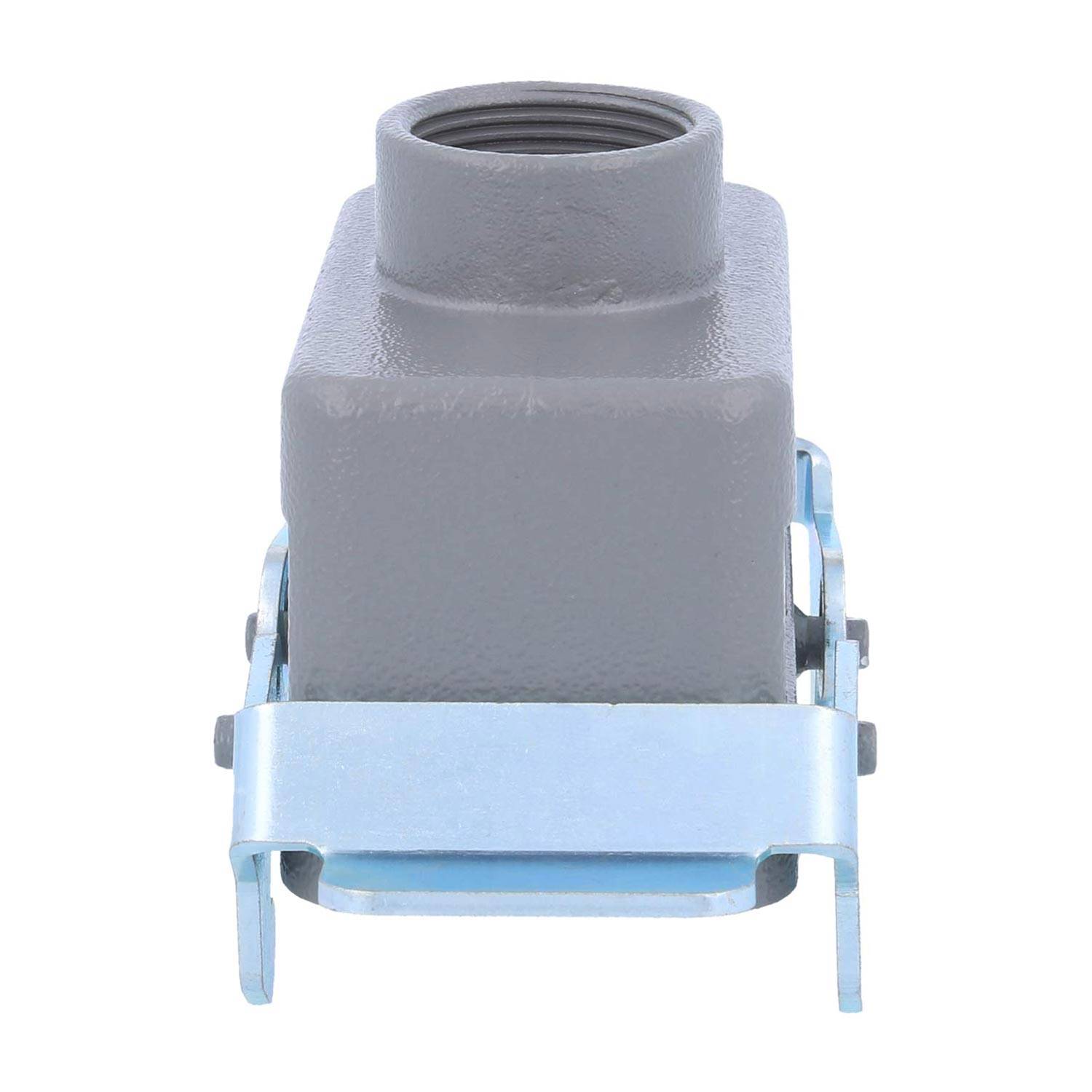 Graue Metallverteilerdose mit einer zylindrischen Öffnung oben und einem blauen Metallbügel unten, verwendet für elektrische Anschlüsse.