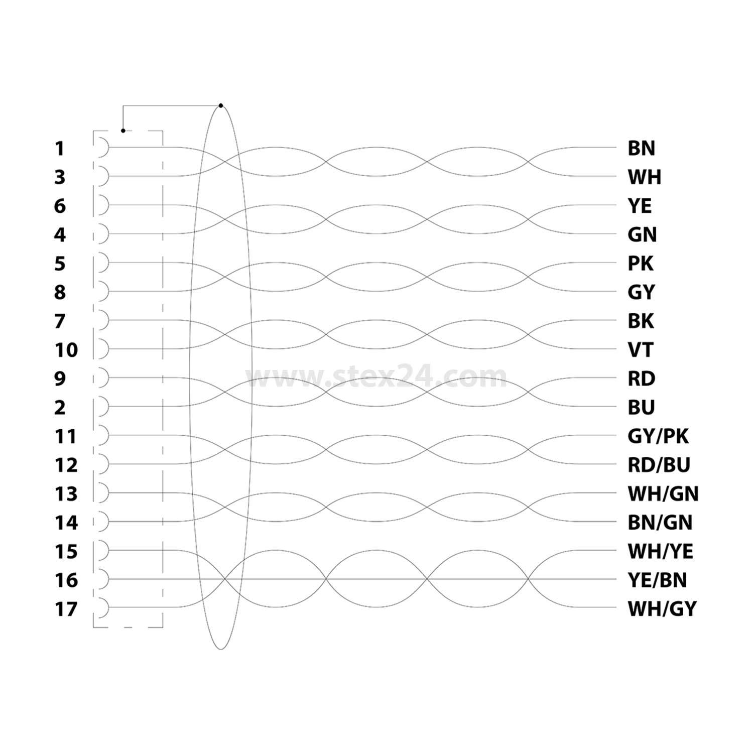 Schaltplan eines 17-poligen Steckverbinders mit farbcodierten Leitungen. Jeder Pin ist nummeriert und mit einer bestimmten Drahtfarbe assoziiert: BN, WH, YE, GN, PK, GY, BK, VT, RD, BU, GY/PK, RD/BU, WH/GN, BN/GY, WH/YE, YE/BN, WH/GY.