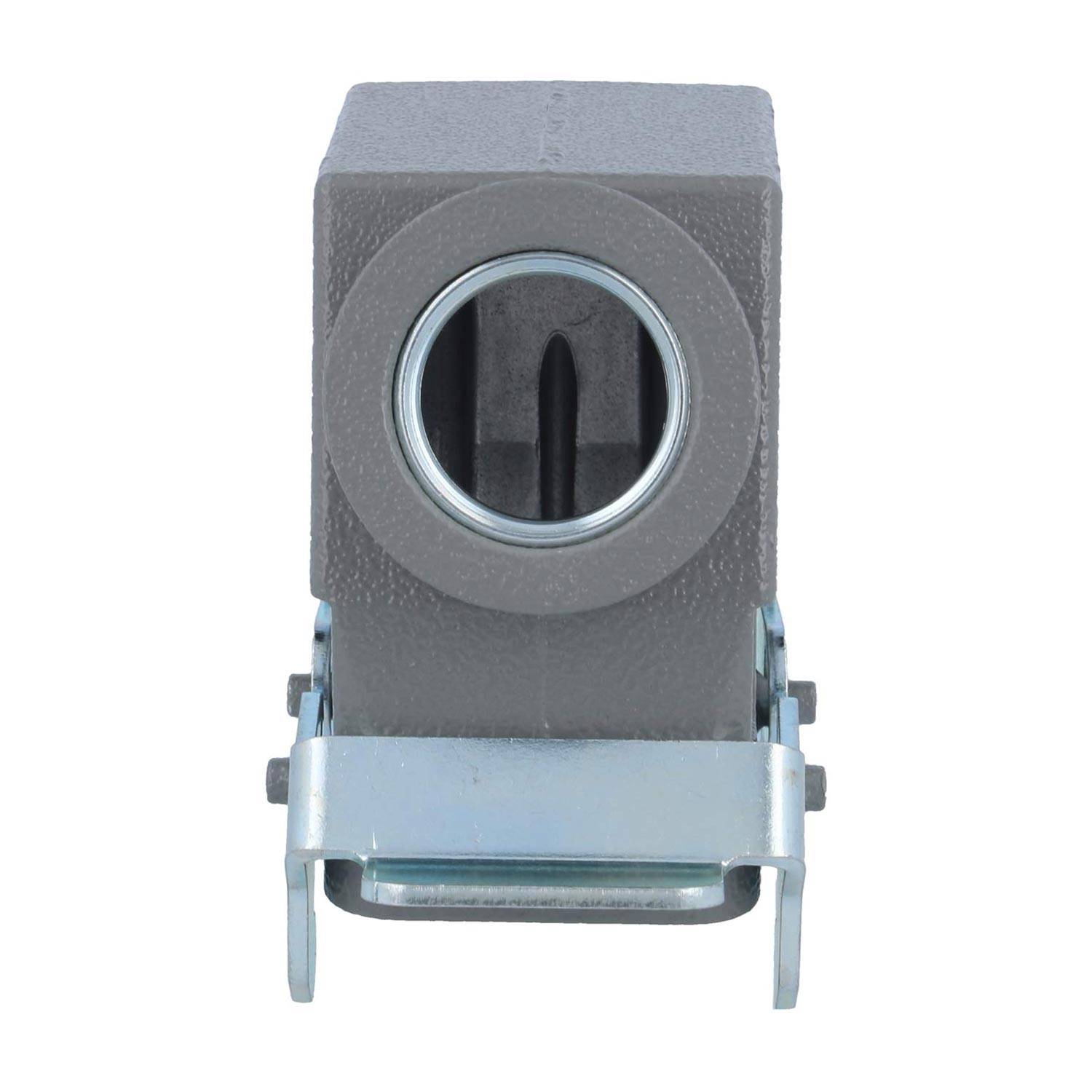 Ein industrielles Lagerhgehäuse mit einer zylindrischen Öffnung und einem montierten Metallhalter darunter, das für die Unterstützung von Rotationswellen konzipiert ist.