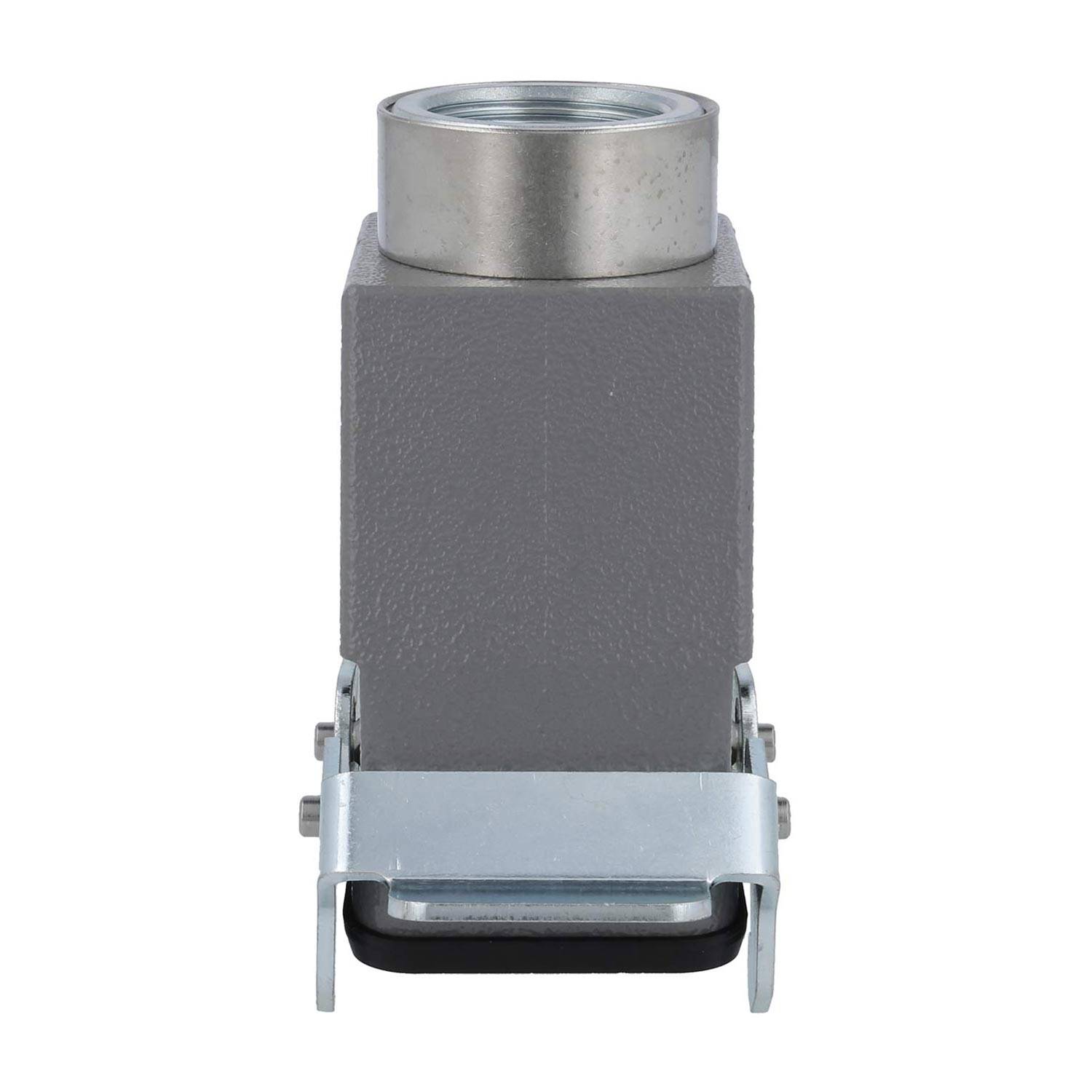 Ein Industrieverbinder aus Metall mit einem grauen, rechteckigen Gehäuse und einer zylindrischen Komponente oben, versehen mit einer Metallklemme an der Basis.