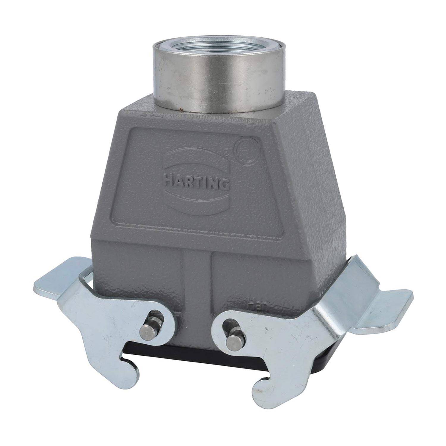 Industrieanschlussgehäuse mit rechteckiger Form, Metallspangen und dem auf der Vorderseite geprägten 'HARTING'-Logo.