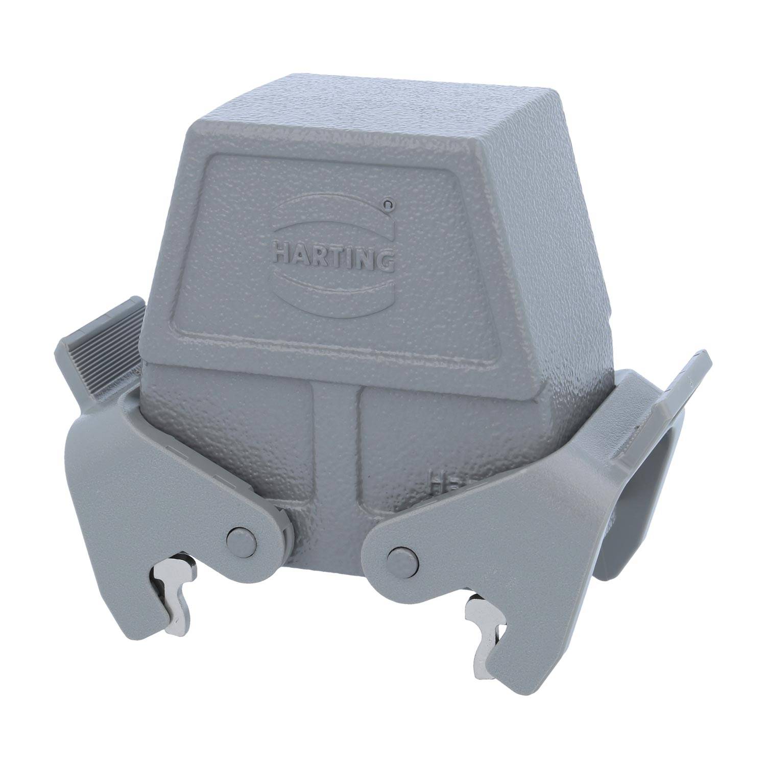 Rechteckiges graues industrielles Anschlussgehäuse mit Verriegelungsmechanismen an beiden Seiten, geprägt mit dem Harting-Logo.