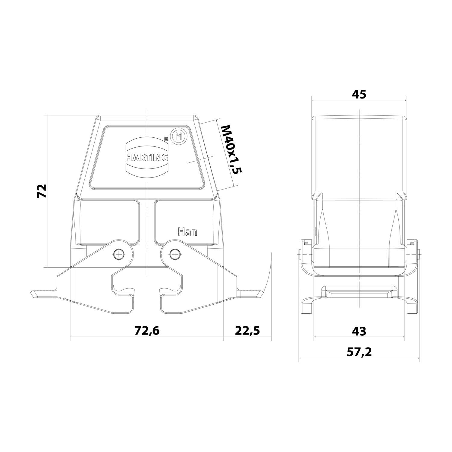 Technische Zeichnung einer HARTING-Vorrichtung, mit Vorder- und Seitenansicht und Maßangaben in Millimetern: Höhe 72, Breite 45 und Tiefe 72,6.