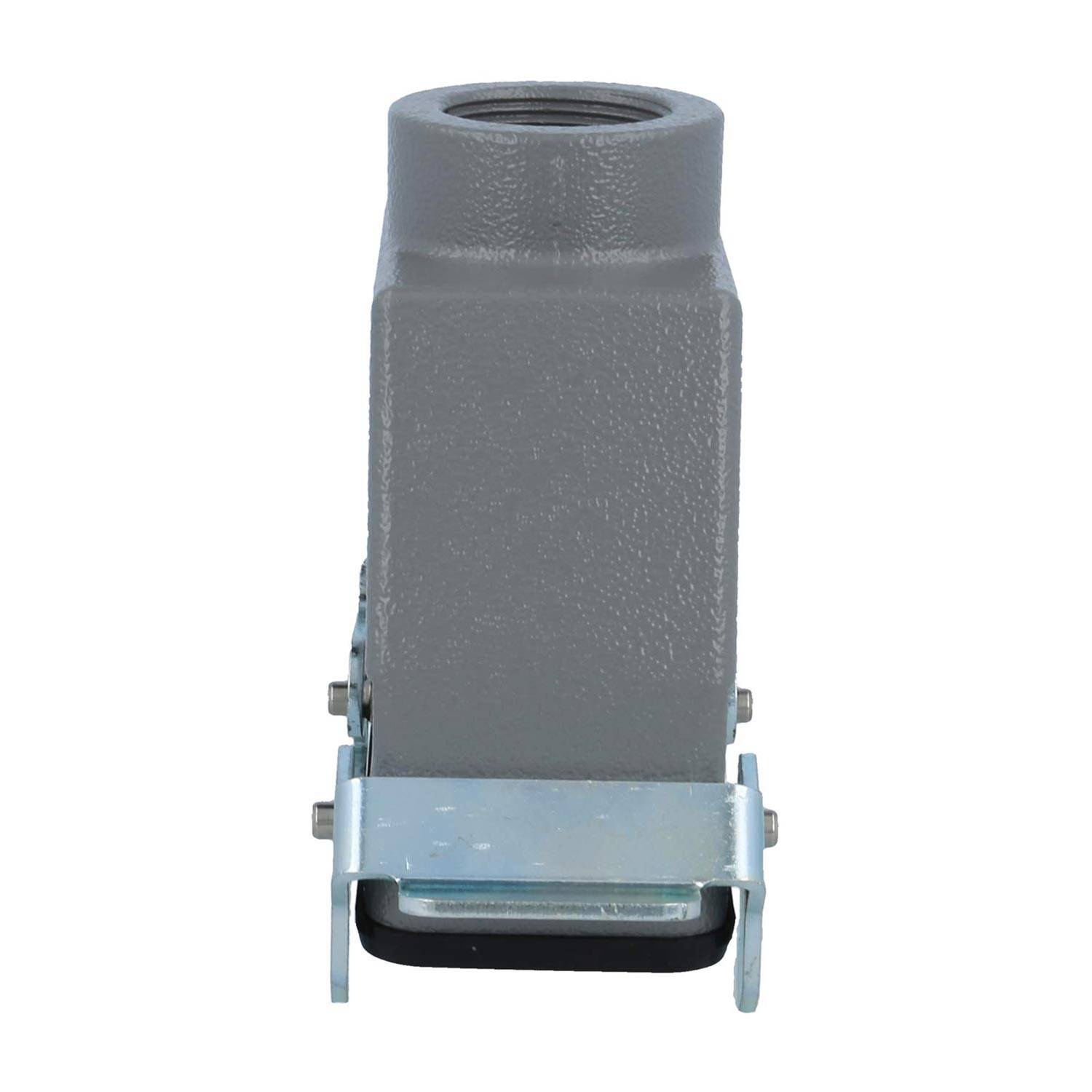 Gerade Wanddurchführungsgehäuse, grau, Metall, Rückansicht, mit Verriegelungshebel und Dichtung, verwendet in industriellen elektrischen Anwendungen.