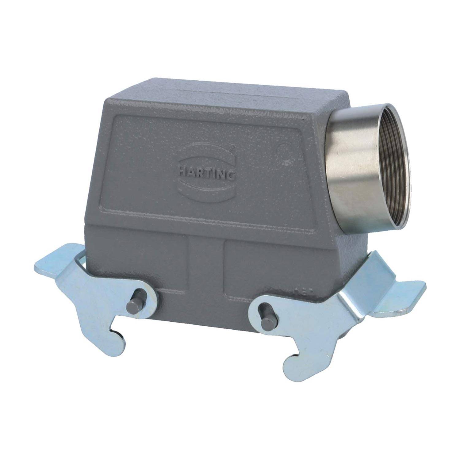 Ein industrieller Metallstecker mit rechteckigem Gehäuse und zylindrischem Anschluss, versehen mit dem 'HARTING'-Logo auf seiner Oberfläche.