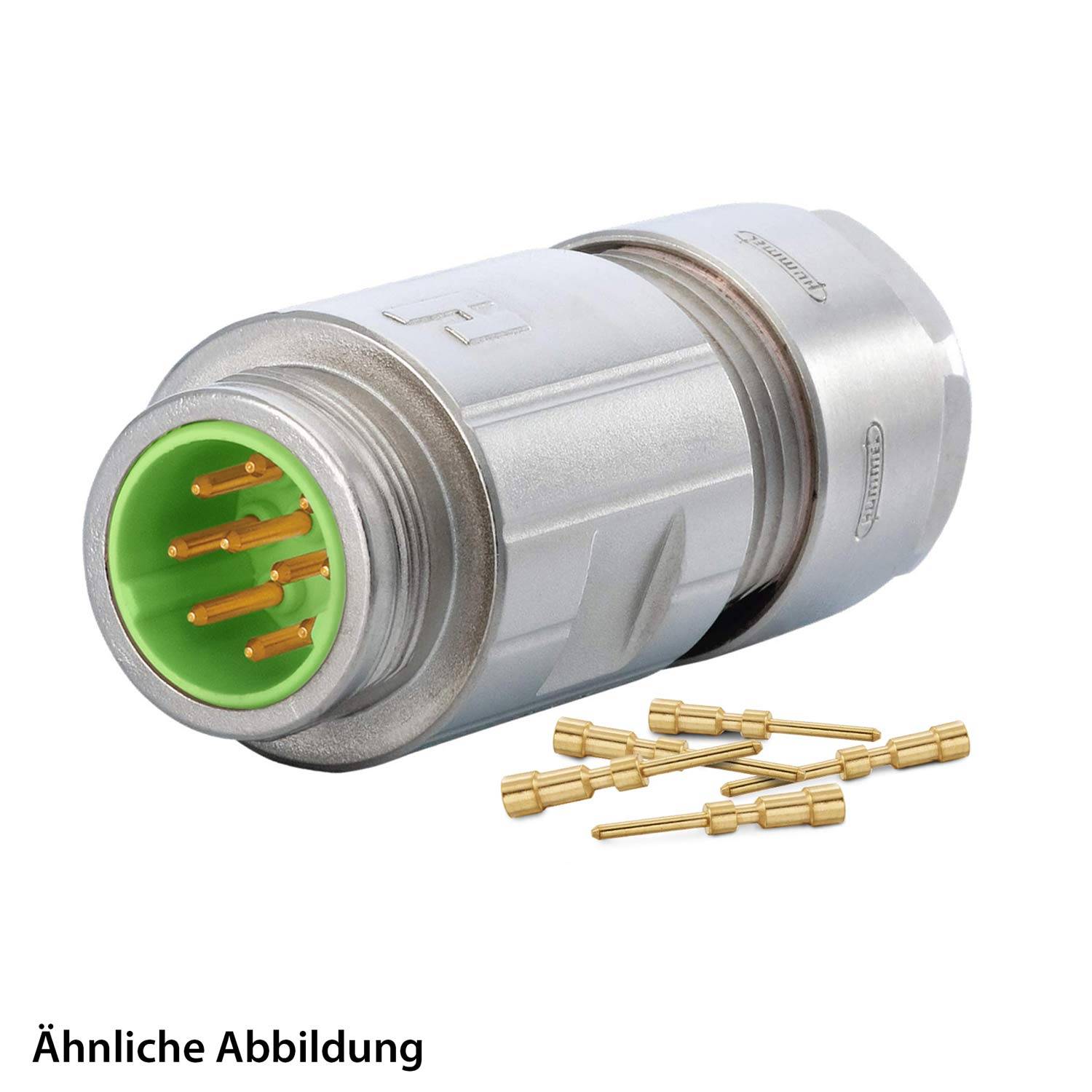 Ein metallischer zylindrischer Anschluss mit grünem Innenraum, der mehrere goldene Stifte aufweist, mit separaten passenden goldenen Kontaktstiften daneben.