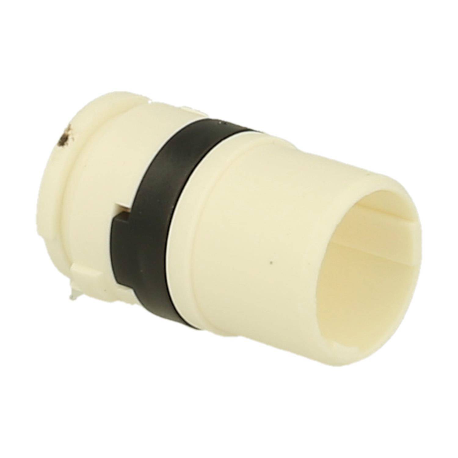 Ein weißer zylindrischer Kunststoffverbinder mit einem schwarzen Band in der Mitte, der für mechanische oder elektrische Verbindungen verwendet wird.