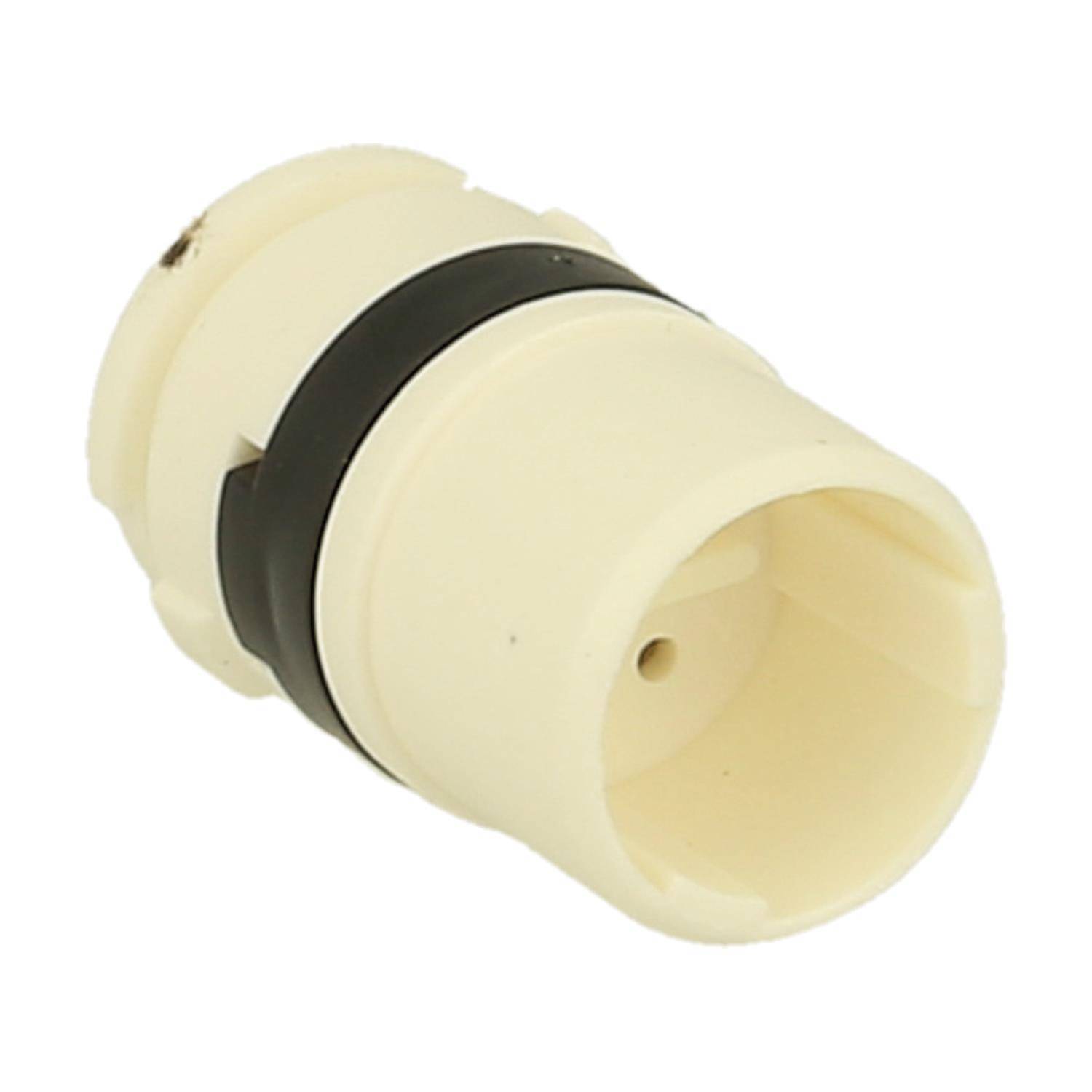 Ein weißer Kunststoffverbinder mit einem schwarzen Ring, konzipiert für eine sichere Verbindung in mechanischen oder sanitären Systemen.