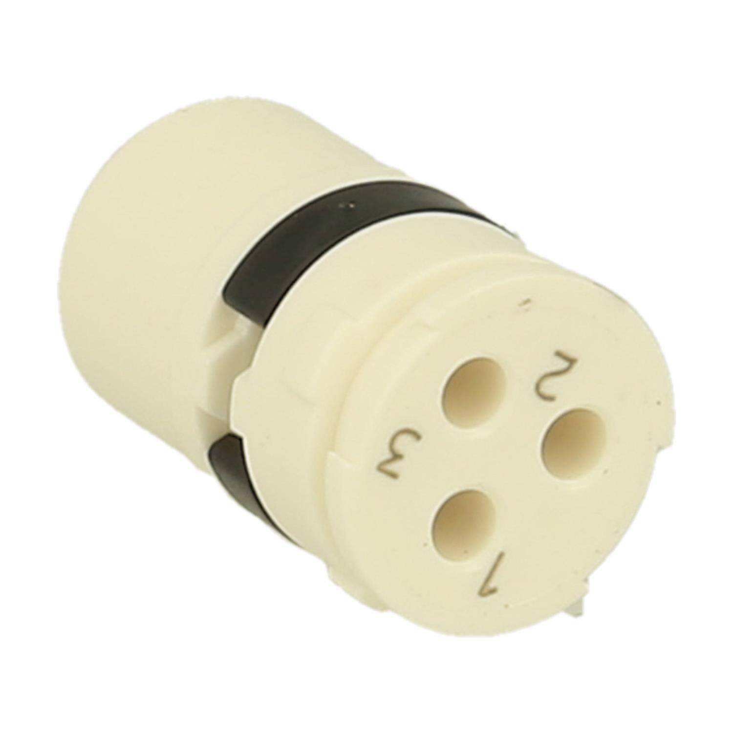 Ein beige-farbener zylindrischer elektrischer Anschluss mit drei kreisrunden Öffnungen, die mit 1, 2 und 3 beschriftet sind, mit einem schwarzen Ring nahe der Oberseite.