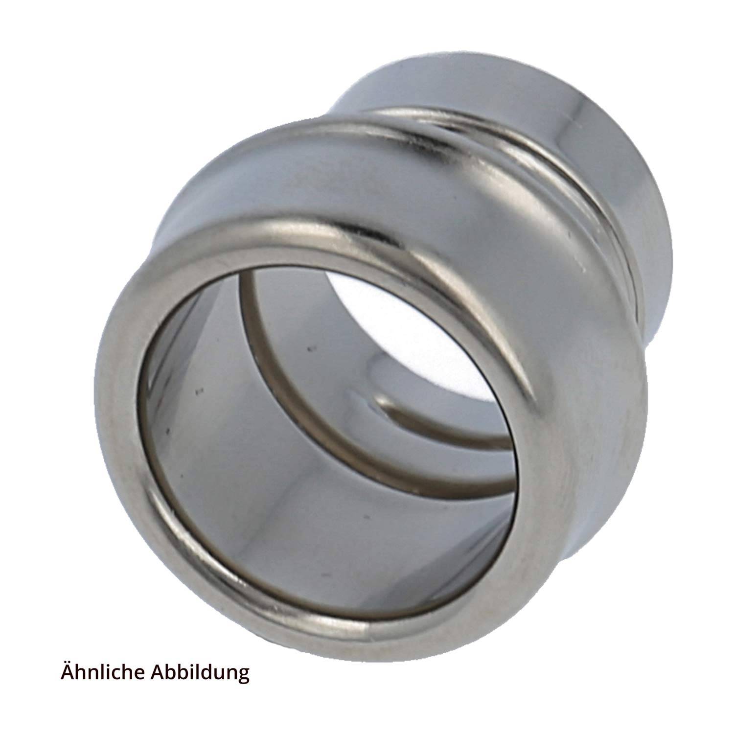 Ein zylindrisches, metallisches Rohranschluss-Verbindungsstück mit polierter Oberfläche. Das Bild zeigt ein Kupplungsstück, das in der Sanitärtechnik häufig verwendet wird.
