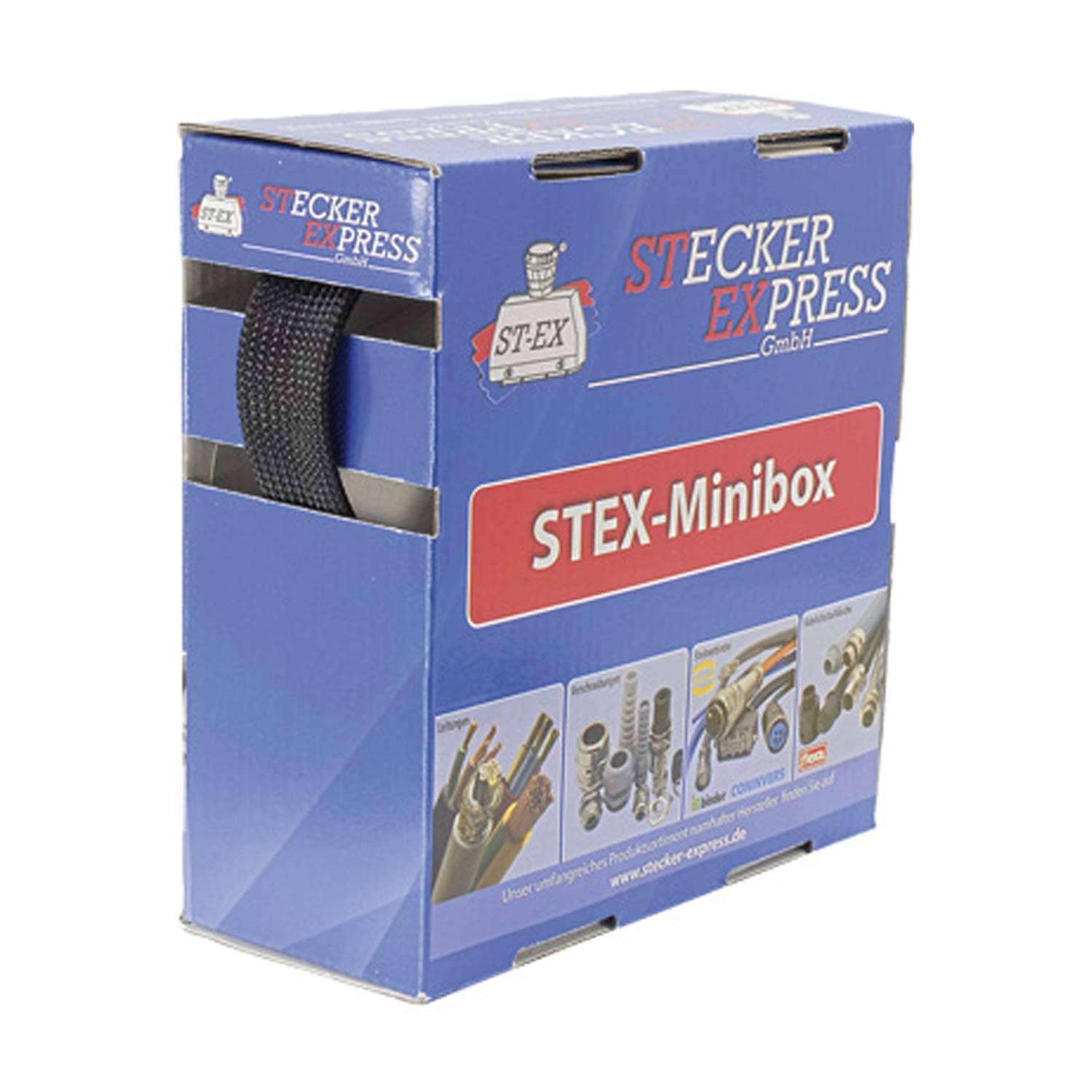 Eine blaue Box mit der Aufschrift 'STECKER EXPRESS GmbH' und 'STEX-Minibox', mit Abbildungen verschiedener Kabel auf der Vorderseite, die eine Kabel-Aufbewahrung andeuten.