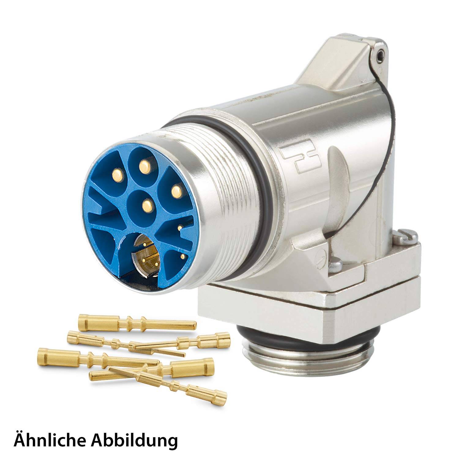 Ein silberner Anschluss mit blauer Schnittstelle und mehreren goldenen Pins, dargestellt mit einigen losen Kontaktstiften. Text lautet: Ähnliche Abbildung.