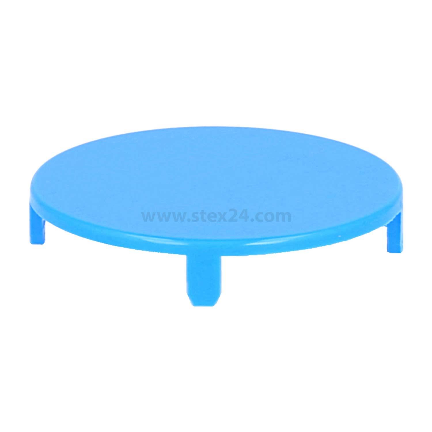 Eine runde blaue Plastikkappe mit drei kurzen Beinen, die als Schutzabdeckung oder Verschluss verwendet wird.