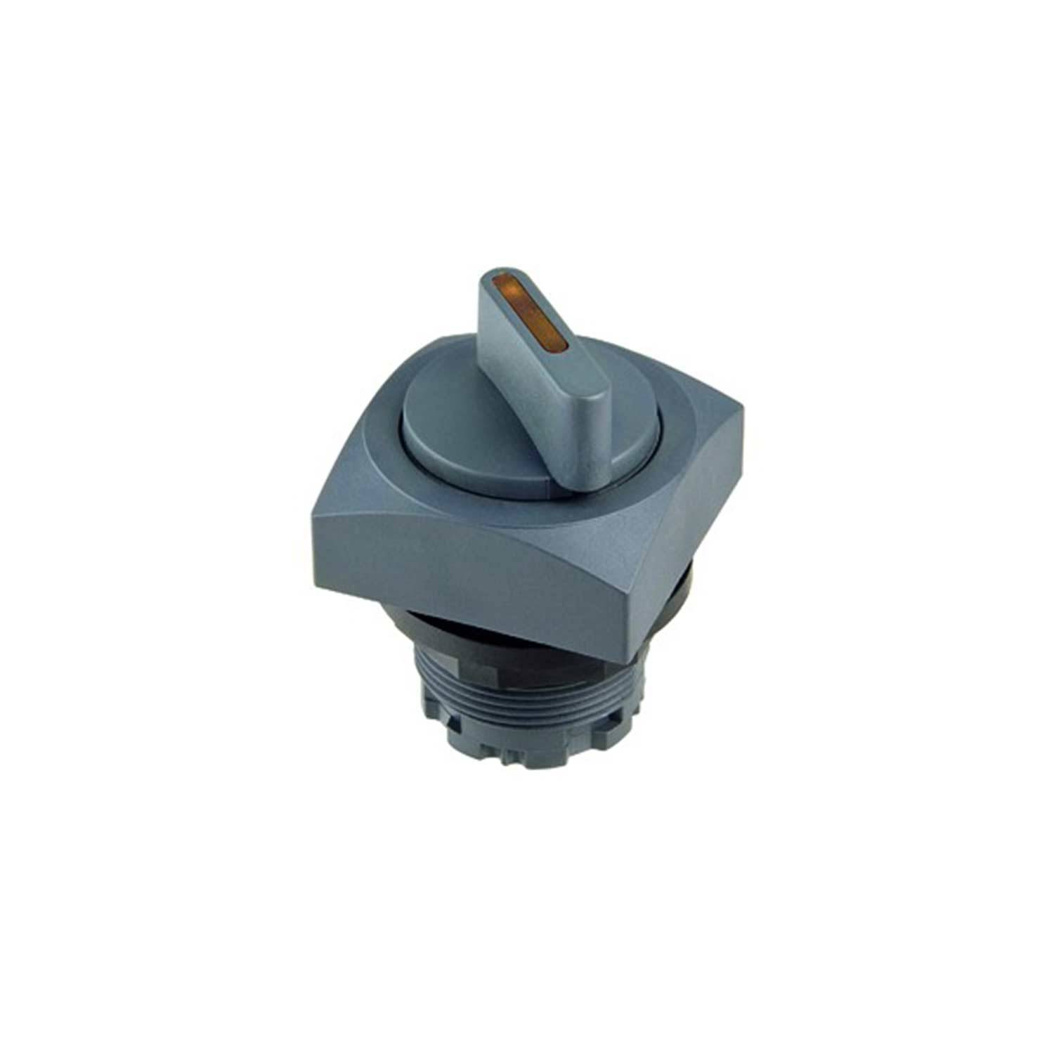 Grauer Industrieschaltanschluss mit rechteckigem Griff auf quadratischer Basis, verwendet für Maschinen- oder Ausrüstungsbetrieb.