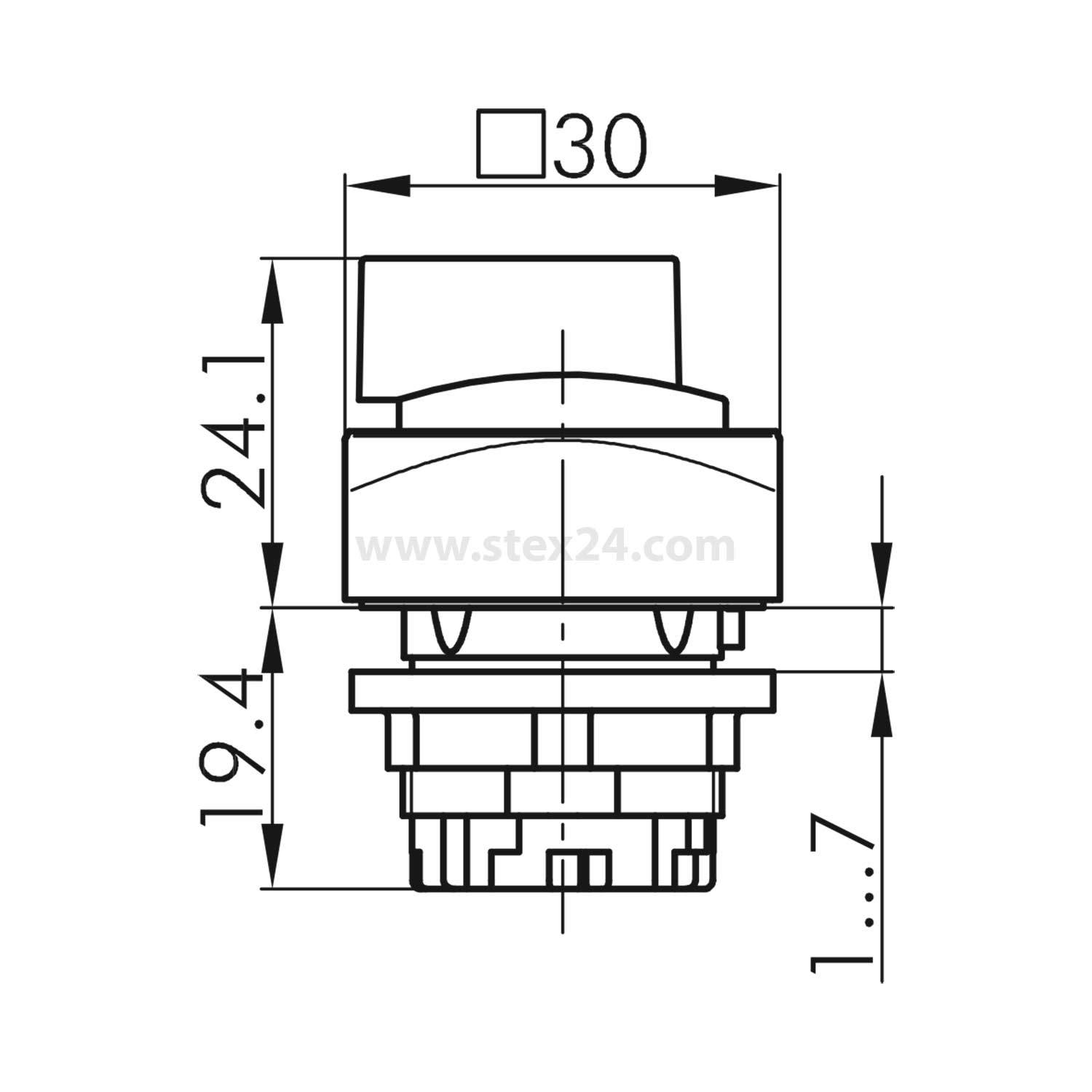 Technische Zeichnung eines Druckknopfschalters mit Abmessungen: 30 mm Breite, 24,1 mm Höhe und 19,4 mm Tiefe; zusätzliche Detailhöhe 1,7 mm.