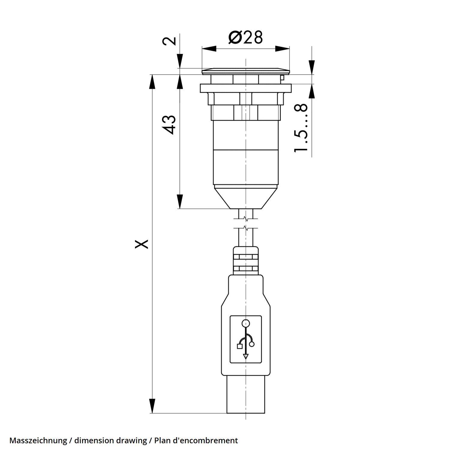 Technische Zeichnung einer Komponente mit einem zylindrischen Abschnitt, der einen Durchmesser von 28 mm, eine Höhe von 43 mm und eine einstellbare Höhe zwischen 1,5 und 8 mm aufweist.