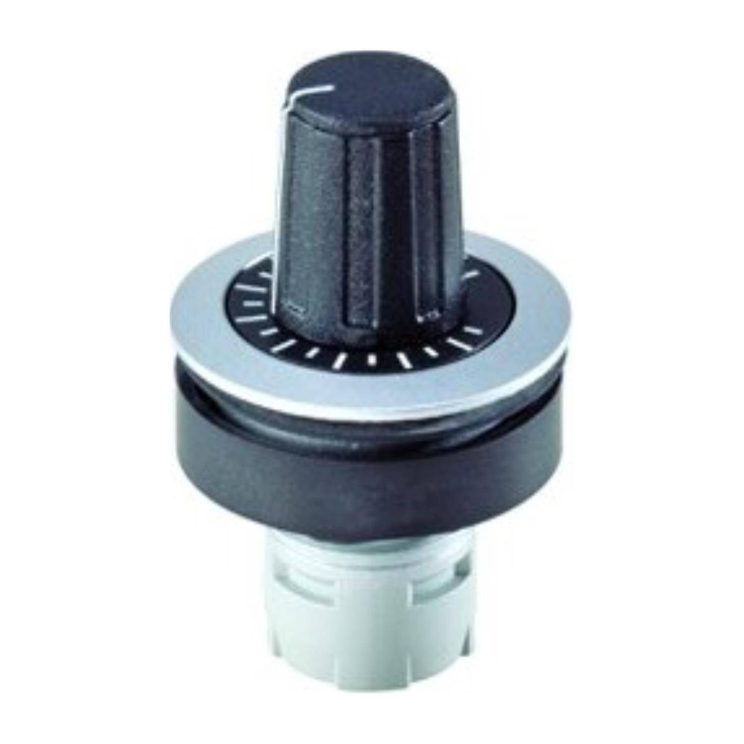 Ein schwarzer Drehknopf mit silberner Basis, der mit weißen Markierungen für präzise Einstellungen versehen ist, auf einem hellgrauen Hintergrund.