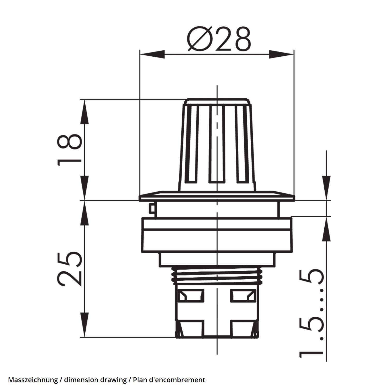 Technische Zeichnung eines zylindrischen Objekts mit einem Durchmesser von 28 mm und Höhenmarkierungen von 18 mm und 25 mm, die Dimensionen veranschaulichend.
